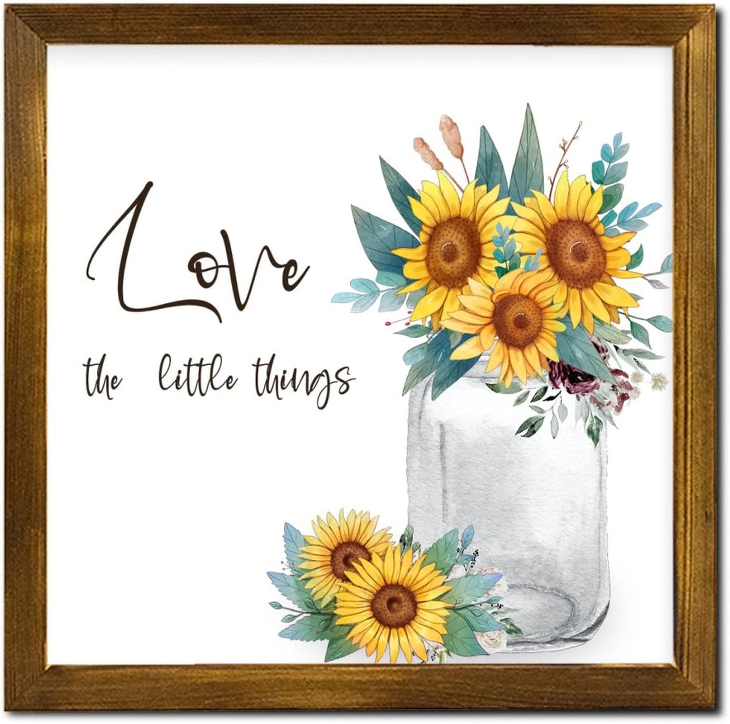 Love The Little Things Framed Wooden Sign Spring Sunflower Flower in Vase Wood Plaque Rustic Garden Floral Wall Art Hanging Farmhouse Decoration Plaque for Bedroom Shelf Kitchen Home 12x12 inch
