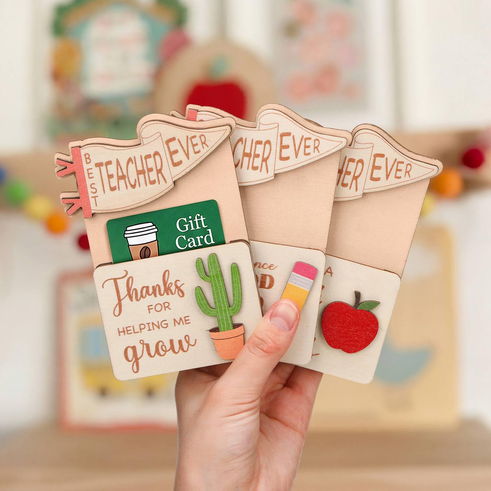 Junkin 3 Pcs Graduation Gifts for Teacher Cards Holders Gift Box Shaped Wooden Money Holders Graduation Coffee Cup Card End of Year Teacher Gift Card Holder for Teachers End of Year