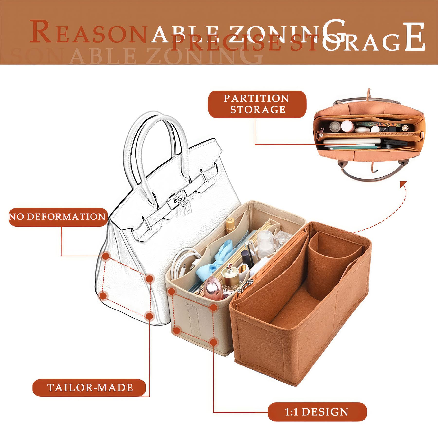 Organizador de bolso para bolsos, organizador de bolsas de fieltro con cremallera, gran capacidad, para mujeres, moldeador de bolsos para Birkin (35, naranja)