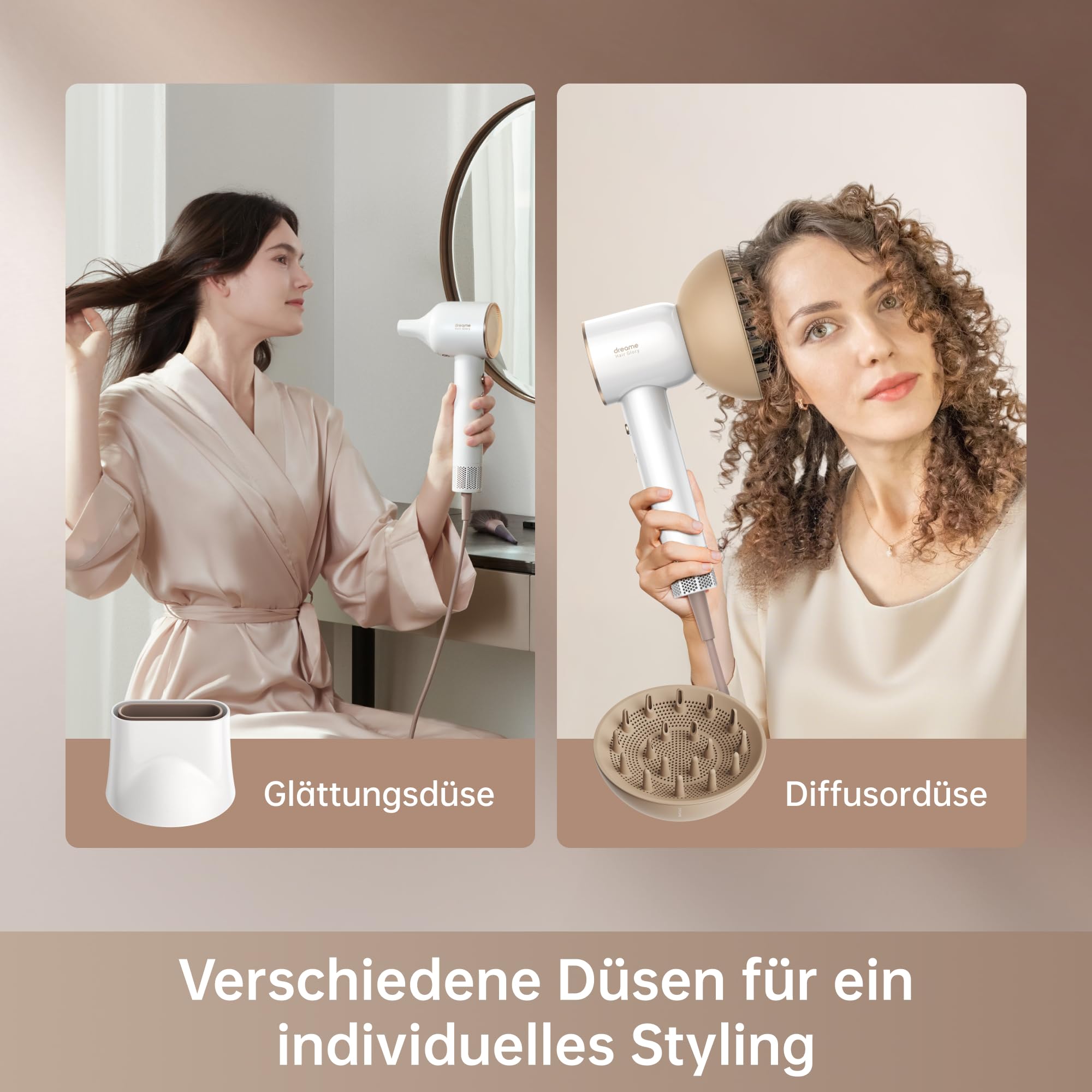 DREAME Hair Glory Combo Haartrockner,Trocknet schnell,110.000 Umdrehungen pro Minute,Luftstrom70m/s,Negativ-Ionen-Technologie,Temperatur-und Luftgeschwindigkeitsregelung,Düse Diffusor,Geräuscharm,Weiß