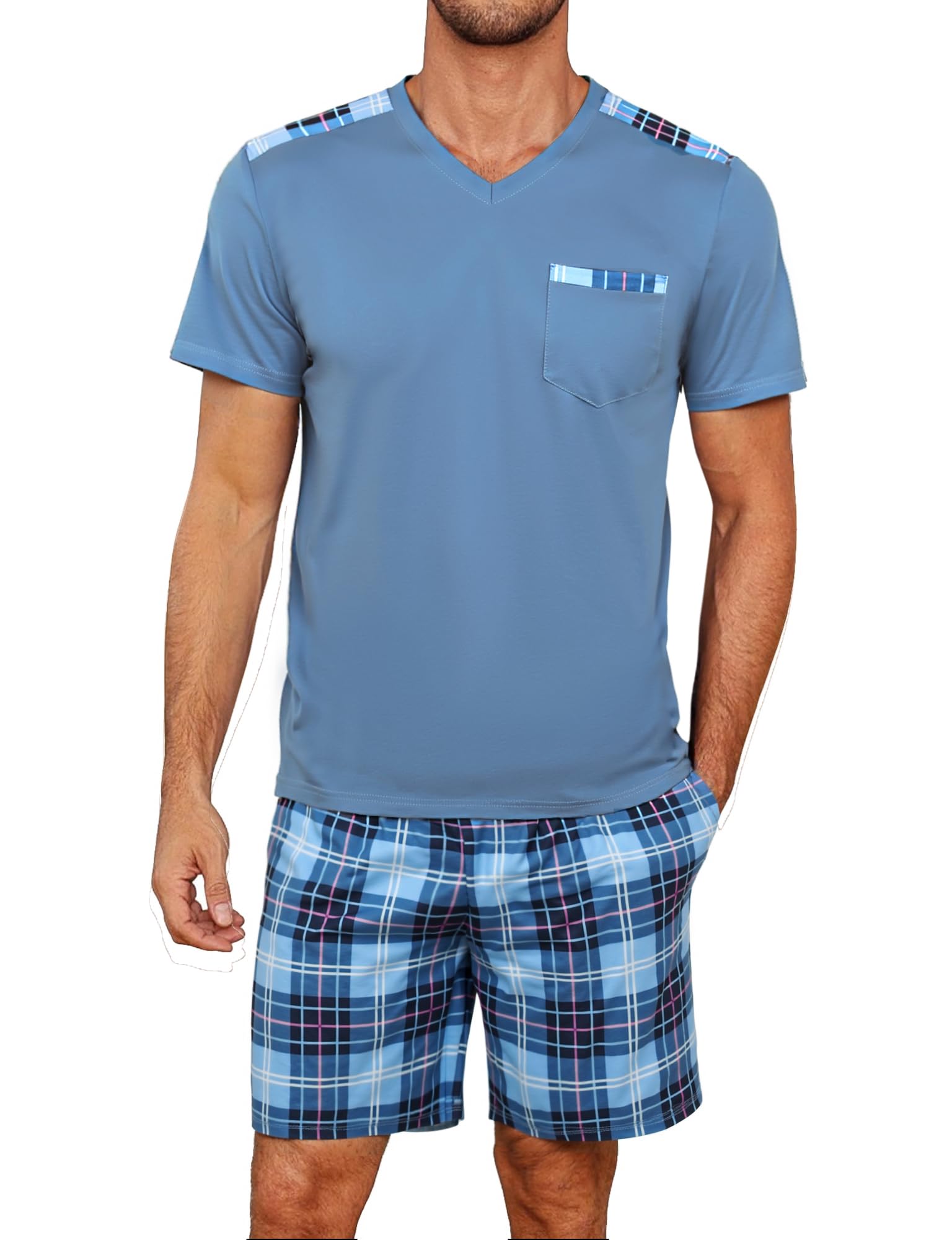 Litherday Schlafanzug Herren Kurz Sommer Baumwolle Pyjama Set Kurzarm Shorty Zweiteiliger T-Shirt Schlafanzughose Loungewear für Männer