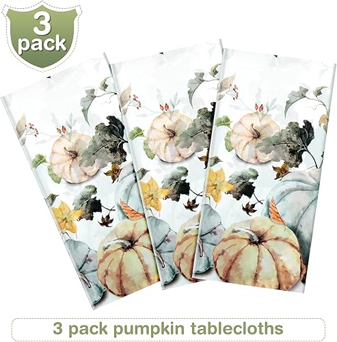 Miniatura 4 de Mantel de plástico con diseño de calabaza, hojas de cosecha de otoño, suministros de fiesta de Acción de Gracias, 54 x 108 pulgadas (paquete de 3)