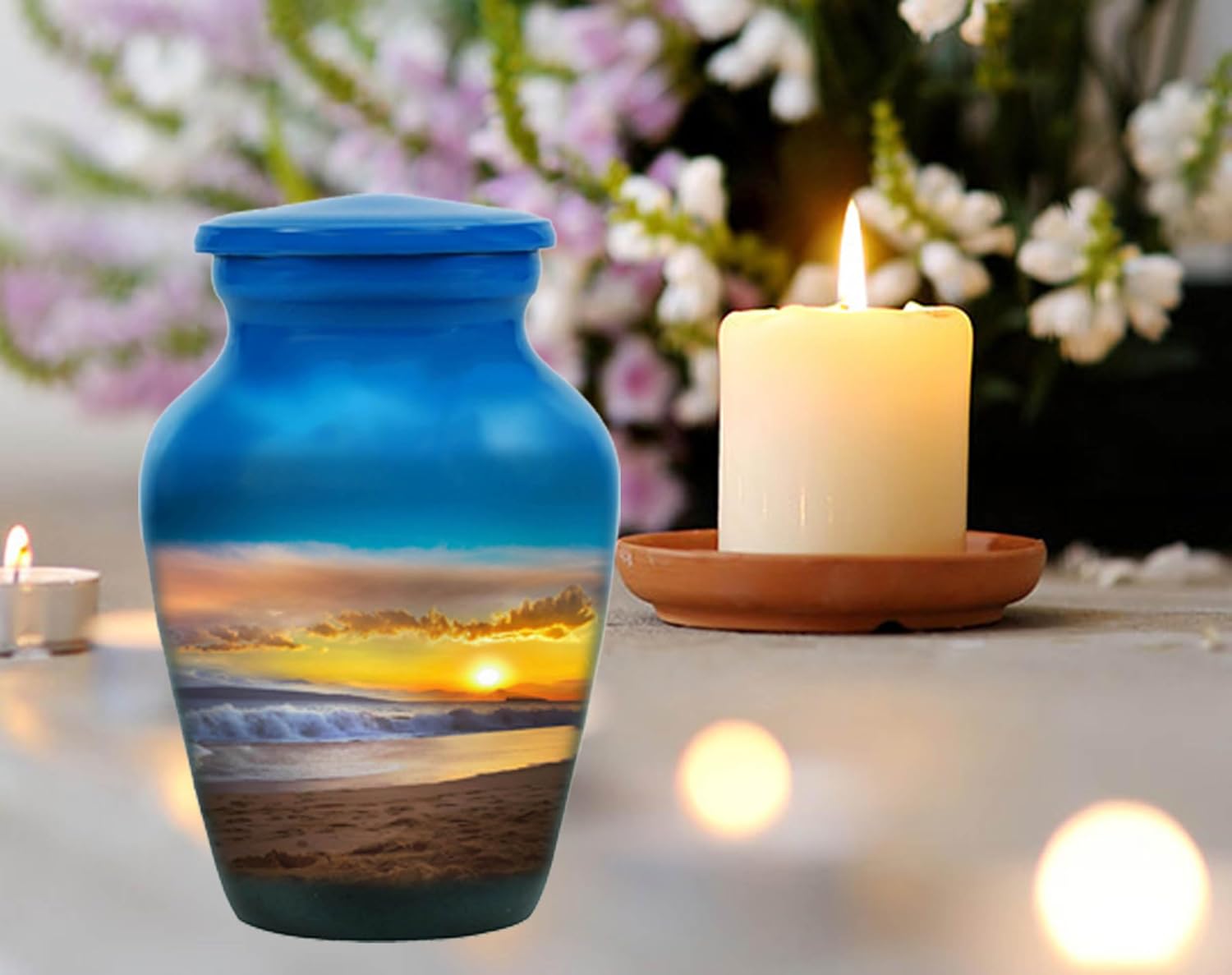 Generic Sunrise Urn for Human Ashes -Beach Sunset Urns for Ashes Adult urn-Hand Painted Adult Beach Urn, with Velvet Bag and Box Keepsake Set of 4, Blue