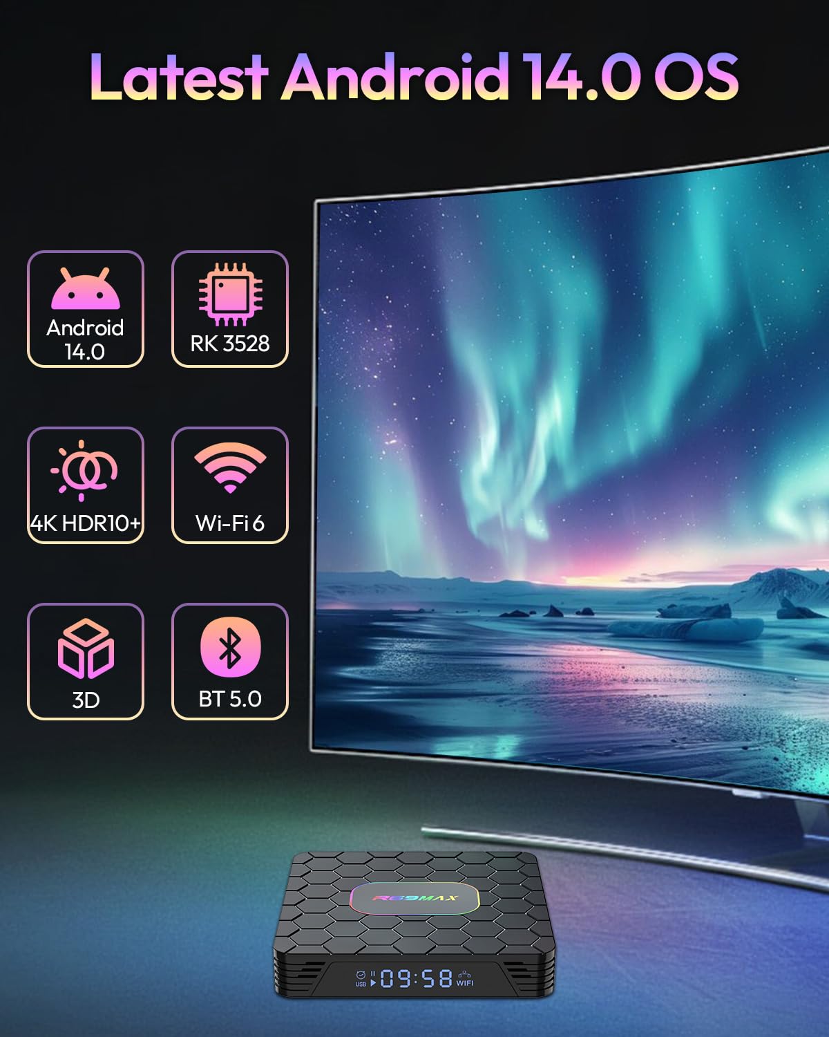 Android TV Box,2025 Android 14 TV Box with 4K 8K HDR10 Wi-Fi 6 4GB