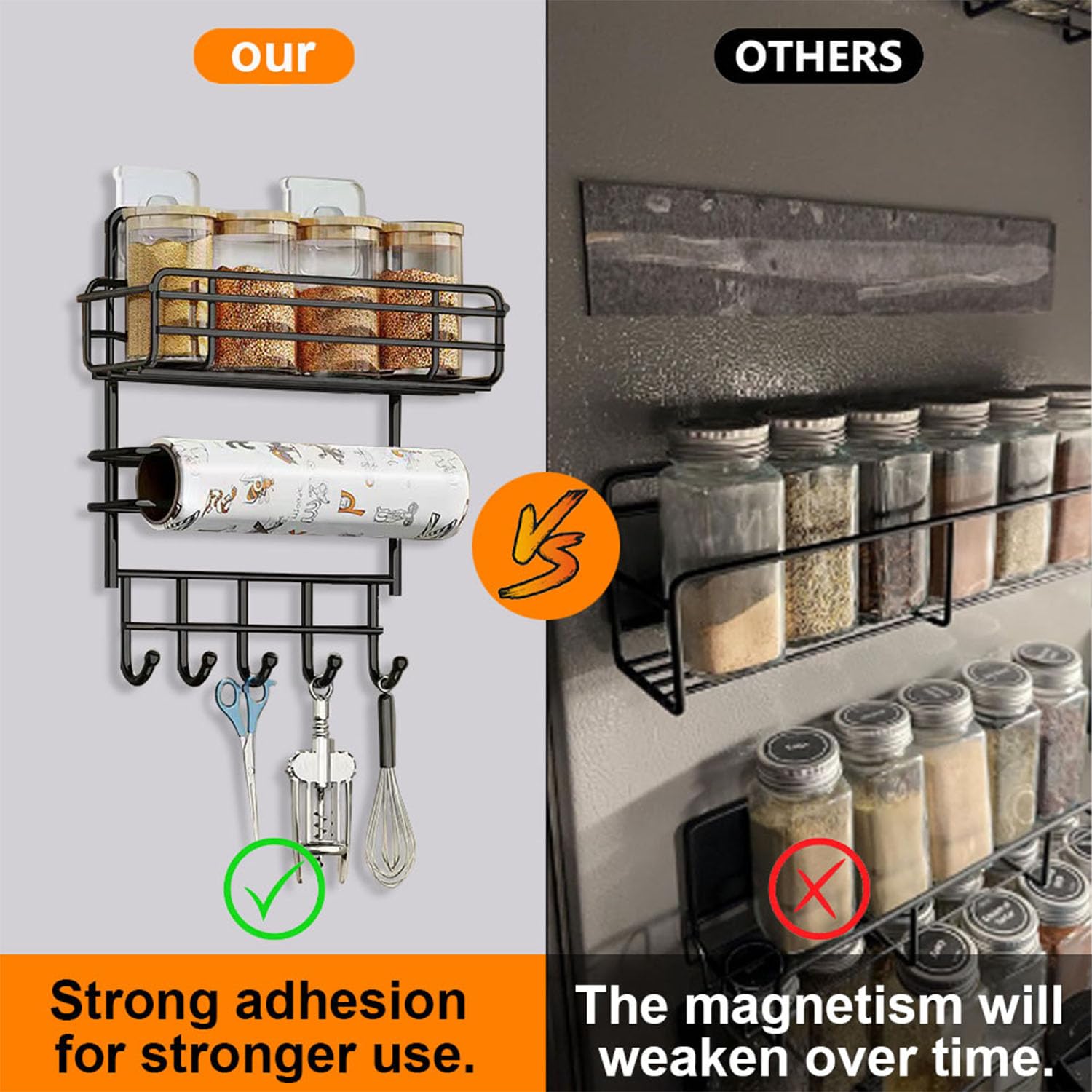 TocTen Spice Rack for Refrigerator, Space-Saving Fridge Spice Organizer with Paper Towel Holder and 5 Hanging Hooks, Adhesive Spice Rack Shelf, Metal Spice Storage Shelf for Kitchen(Black, 3 Tier)