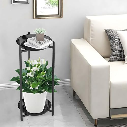 Miniatura 7 de Soporte de metal para plantas de 2 niveles para interiores, estante alto redondo de esquina negra para múltiples plantas al aire libre, soporte para