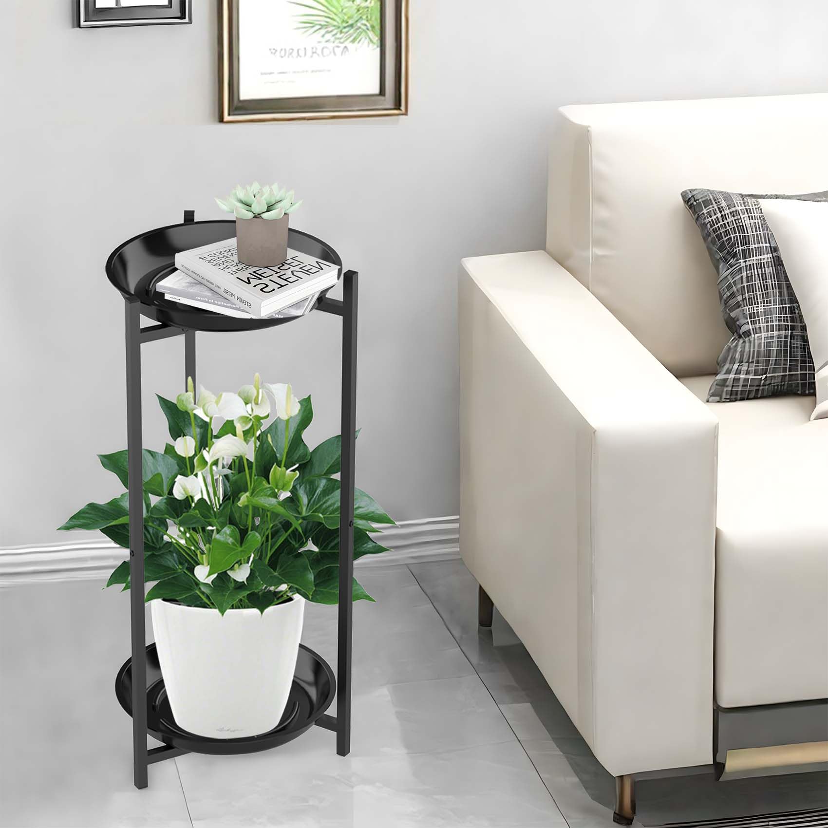 Lnrkai - Soporte de plantas de 2 niveles de metal para interiores, negro, estante alto redondo de esquina para múltiples plantas al aire libre, soporte de exhibición para macetas de flores para balcón