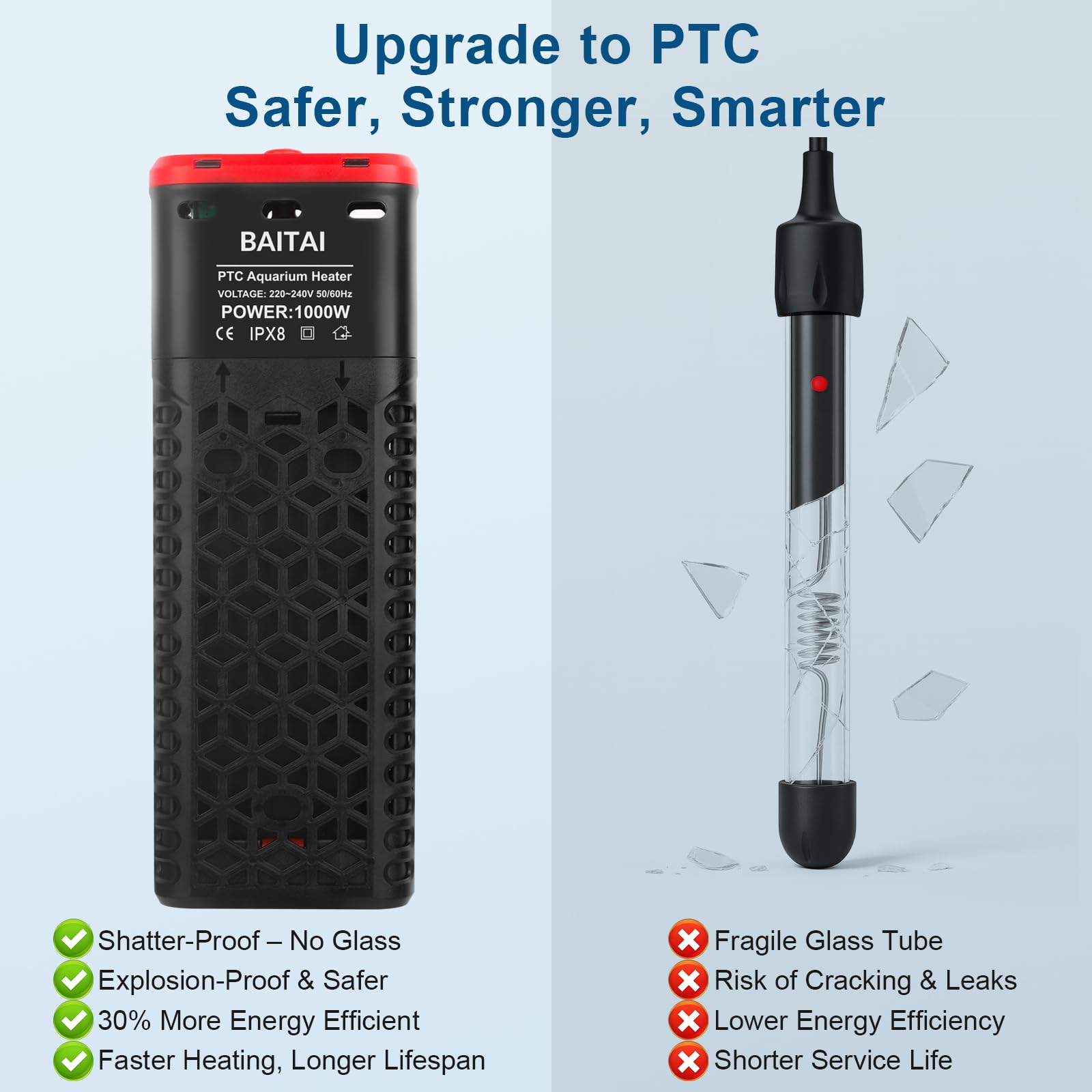 BAITAI 1000W Aquarium Heater, Industrial-Grade PTC Submersible Fish Tank Heater with LED Thermostat Controller - Image 3