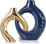 LCCCK Blue and Gold Ceramic Vases for Home Decor, Boho Vase for Flowers Pampas Grass Decorative, Navy Blue Hollow Donut Small Vase for Living Room Table Wedding Centerpiece Modern Vases