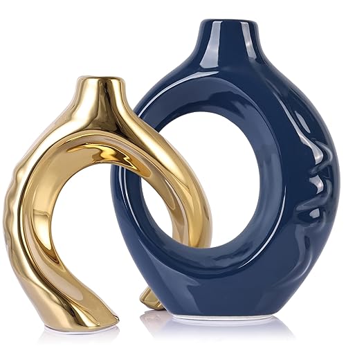LCCCK Blue and Gold Ceramic Vases for Home Decor, Boho