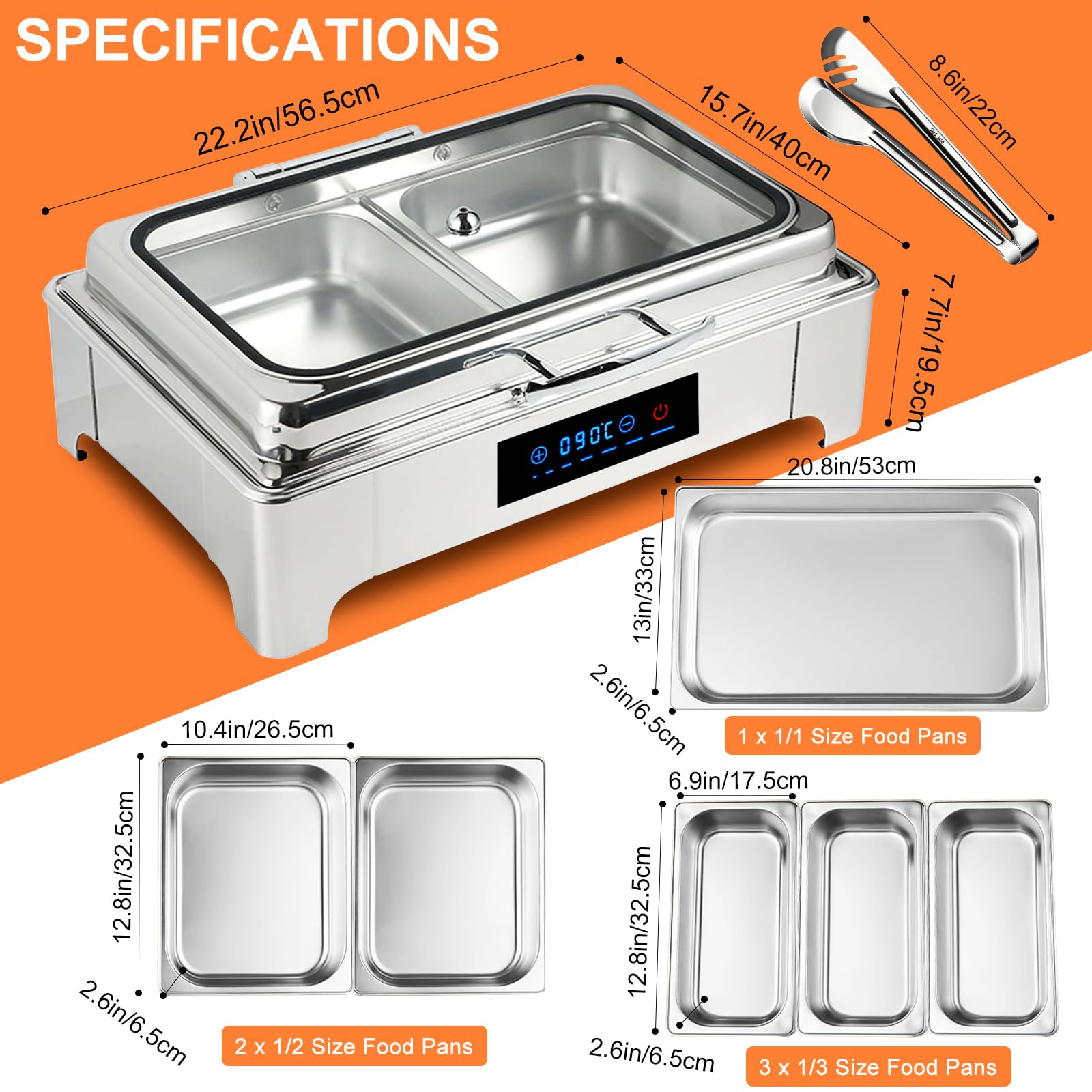 9L Calentador Buffet Electrico, Temperatura Ajustable 30-90℃, 1/1 | Chafing Dish Buffet Electrico, Calentador de Comida Buffet Electrico para Buffet, Catering y Fiestas, Acero Inoxidable