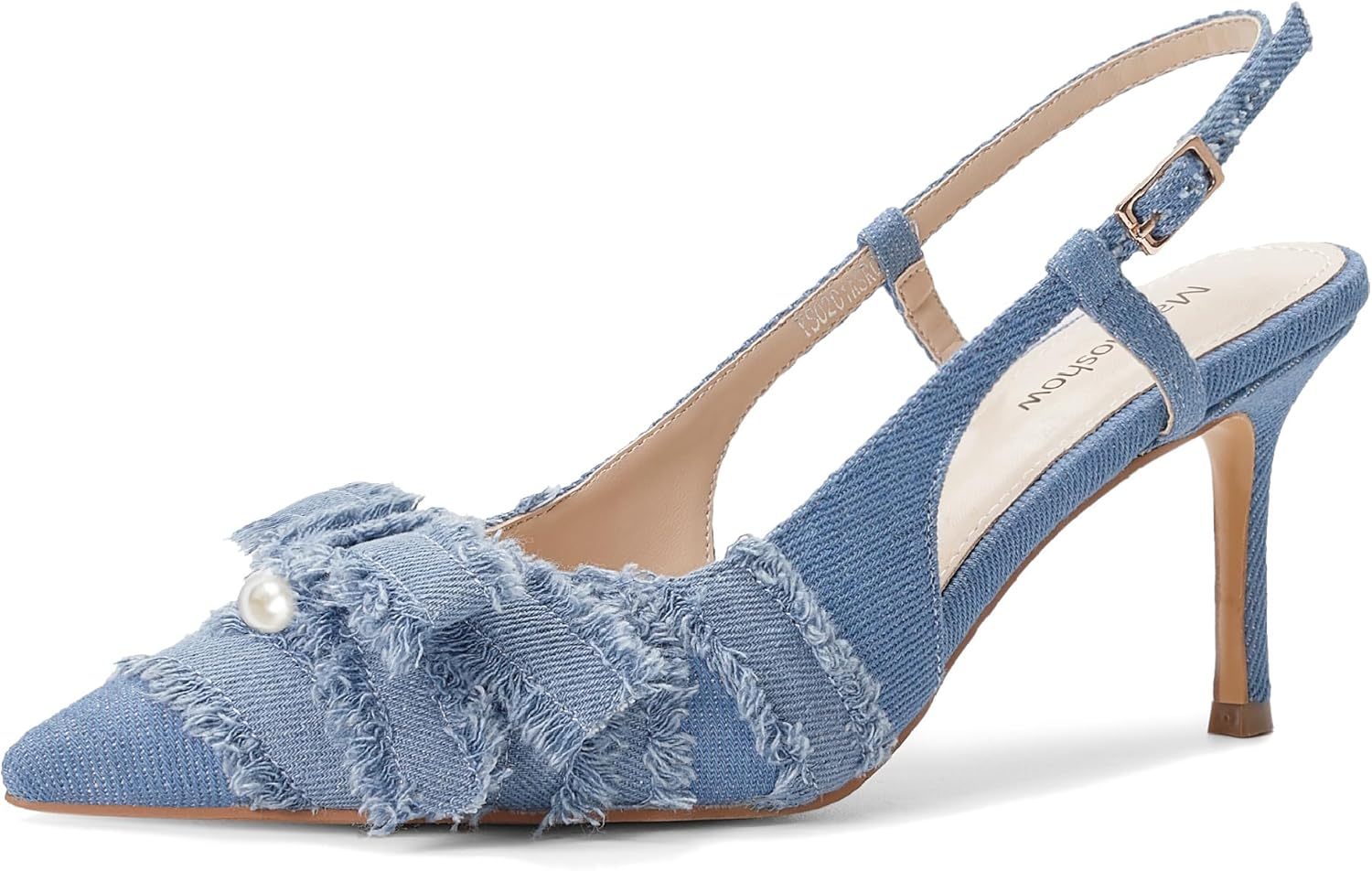 Women's Pointed Toe Slingback Heels with Bow Pearl, 3.15" Kitten Heels Slip on Stiletto Pumps with Buckled Straps for Designer Dress Shoes