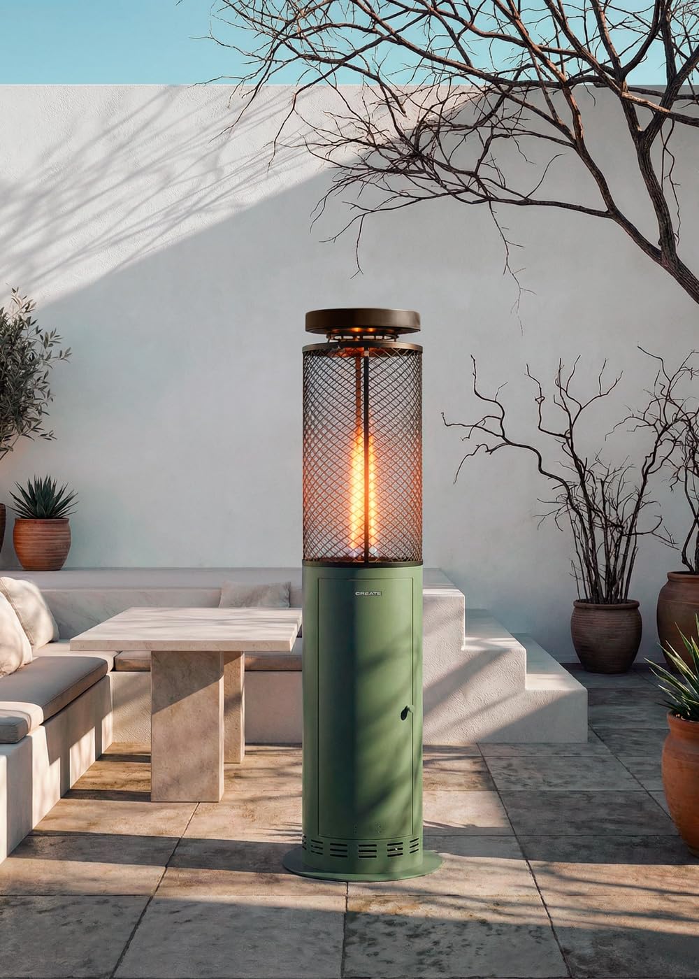 CREATE/FIRE ROUND PELLET HEATER/Estufa de exterior de pellets sin humo verde sage/Libre de humos, control de la llama, cobertura 9m2, consumo 3 horas y media, 17.5 kW
