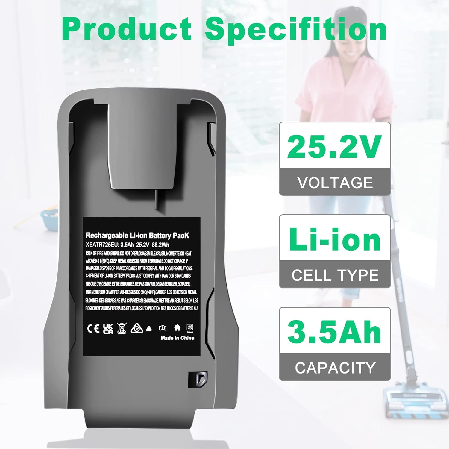 Replacement XBATR725 Battery for Shark Cordless Vacuum Cleaners - 3500mAh Lithium Ion Battery Compatible with IZ662H, IZ682H, IZ683H, IZ661HC, IZ662HC, IZ631H, 25.2V