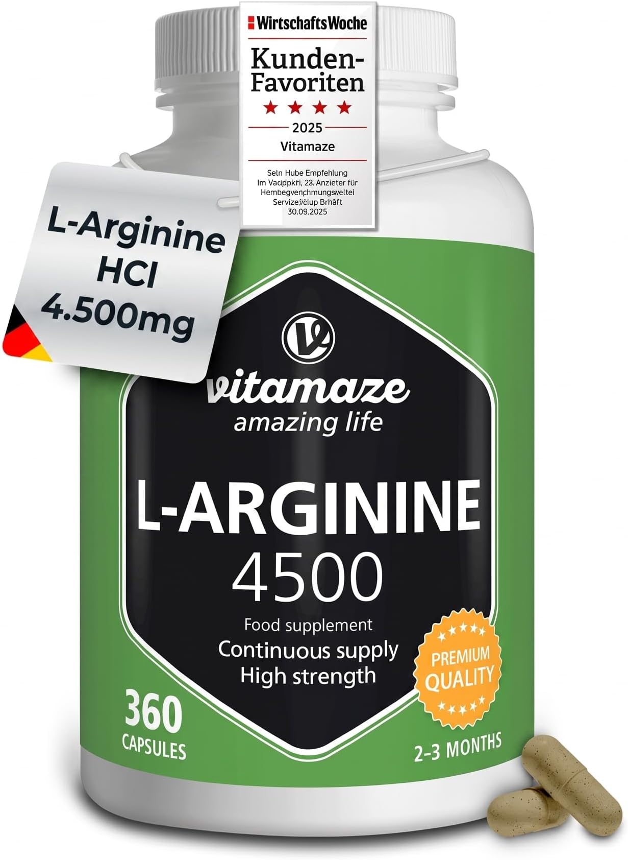 L Arginine 4500 mg, 360 Capsules for Sport Performance Booster, Supplements for Men and Women, Natural Supplement of Pure L Arginine Without Additives, Vitamaze