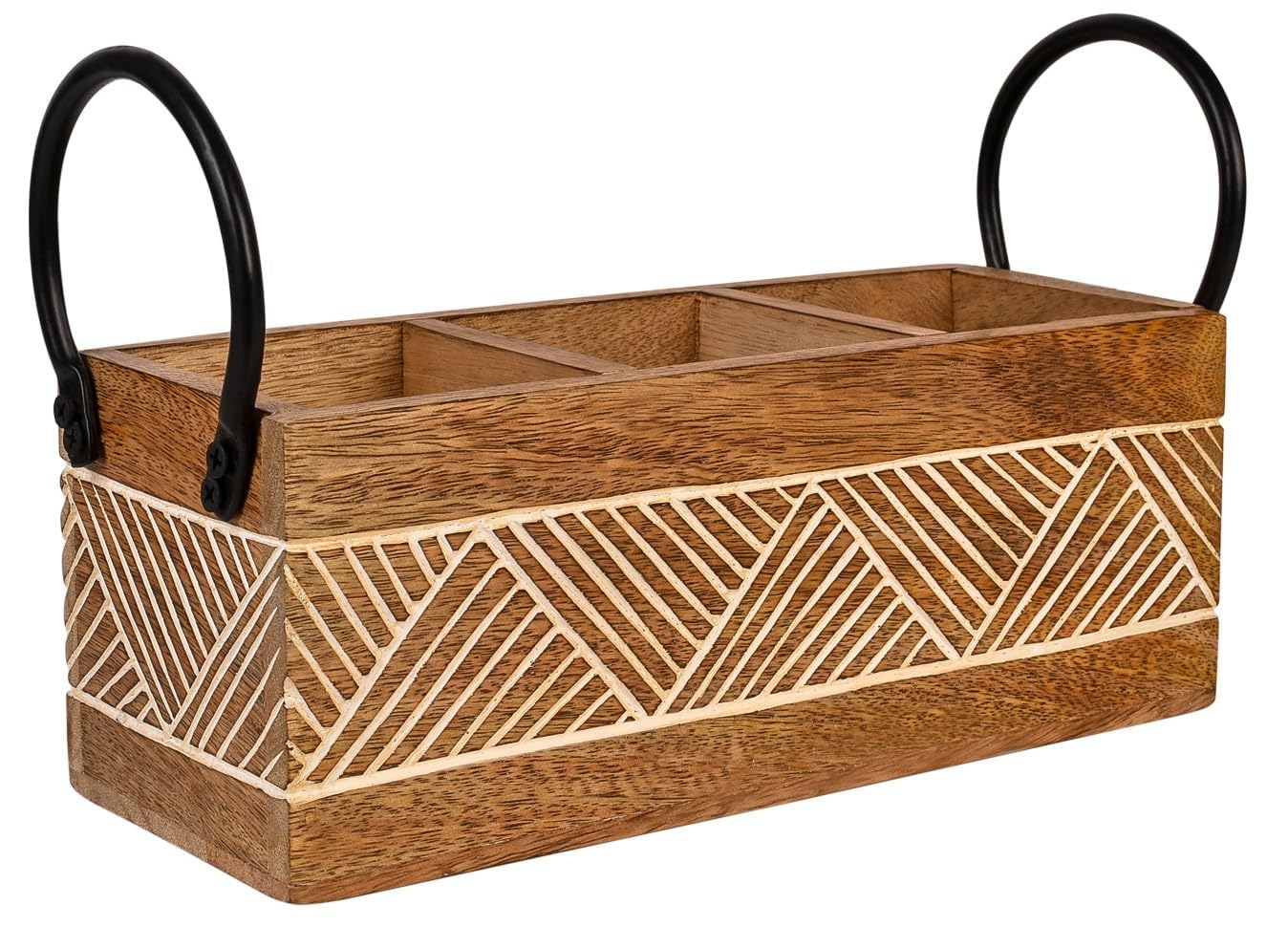 Premium Wooden Spoon Holder – 3-Compartment Cutlery Rack with Handle, Wooden Kitchen Gadget Holder, Length 11" x Width 4" x Height 4"