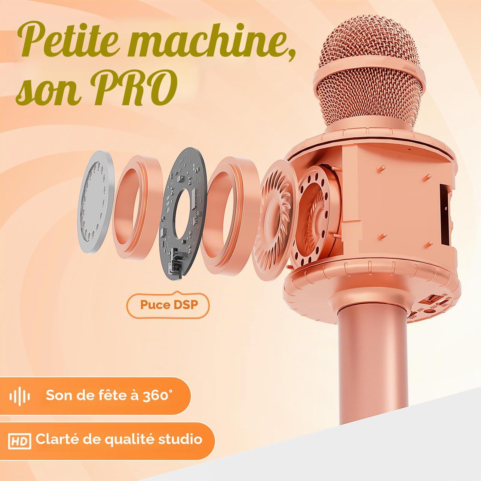 Fede Microphone Karaoké sans Fil Bluetooth avec Lumière LED Multi Couleur, Micro à Main Portable Haut-Parleur pour Enfants/Adultes Chanter, Compatible avec Android/iOS/PC/Smartphone