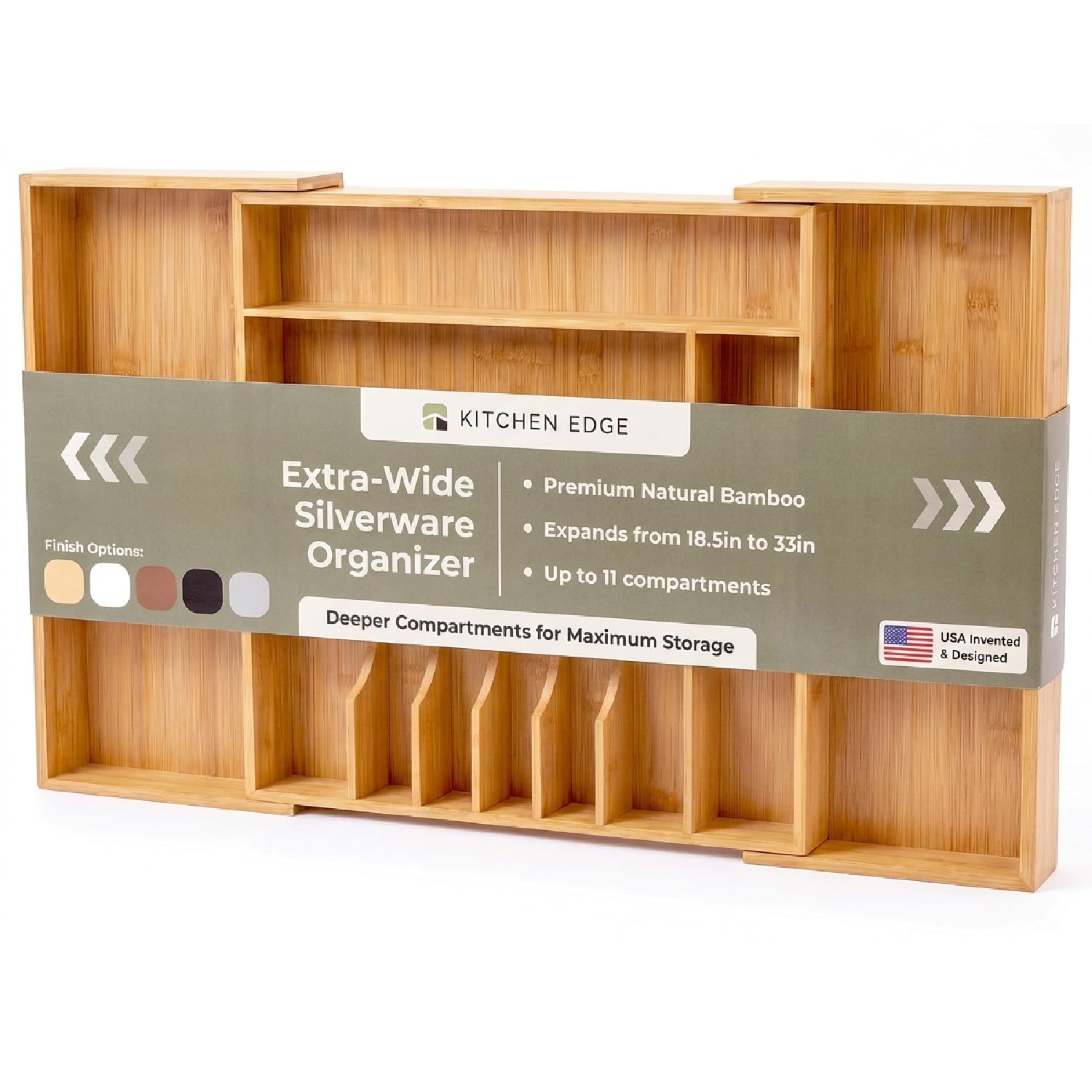 KitchenEdge Taca na sztućce i organizer na przybory kuchenne do szuflad kuchennych, możliwość rozszerzenia do 83 cm szerokości, 11 przegródek, 100% bambus