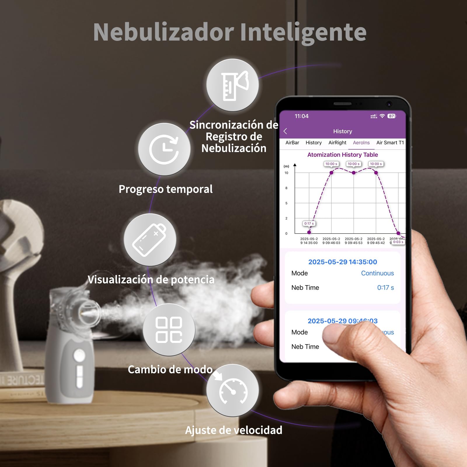 FEELLIFE Nebulizador Portatil Silencioso Tecnología de nebulización inteligente, Nebulizador Bebé y Adulto Tasa de Atomización Ajustable（5 Modos) para Tratamiento de Tosa, Enfermedades Respiratorias