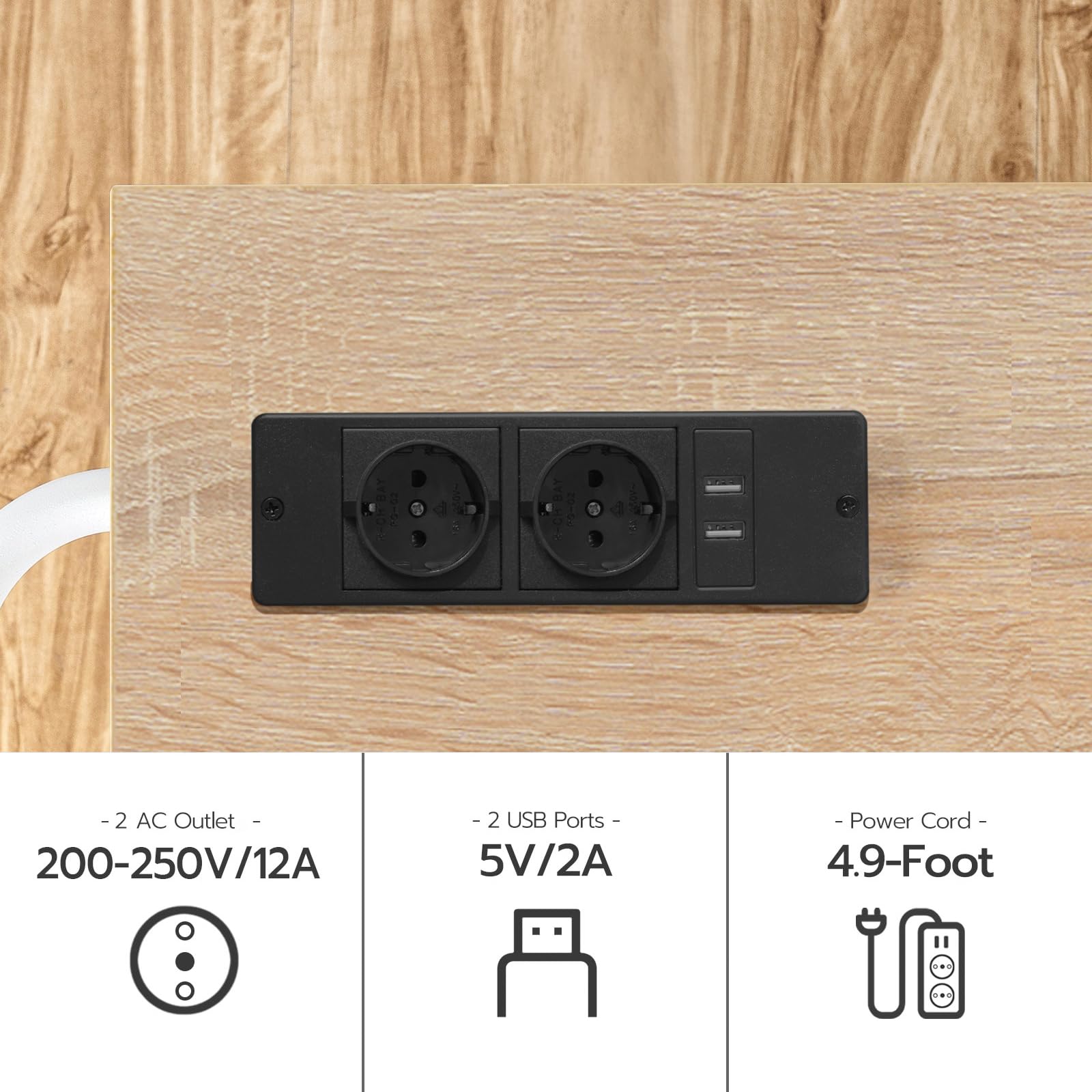 HOOBRO Tavolo Isola Cucina con Prese Elettriche, Carrello da Cucina con Cassetti e Porta Spezie, Carrello Isola da Cucina, con 2 Prese, Bianco e Colore Legno Naturale EWN88CZD01