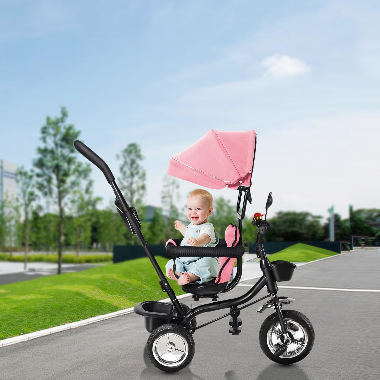 OHMG Triciclo bebé escalable hasta 25 kg, bicicleta de paseo para niños mayores, asiento reversible, bolsa grande, bastón y parasoles plegables, bicicletas, accesorios