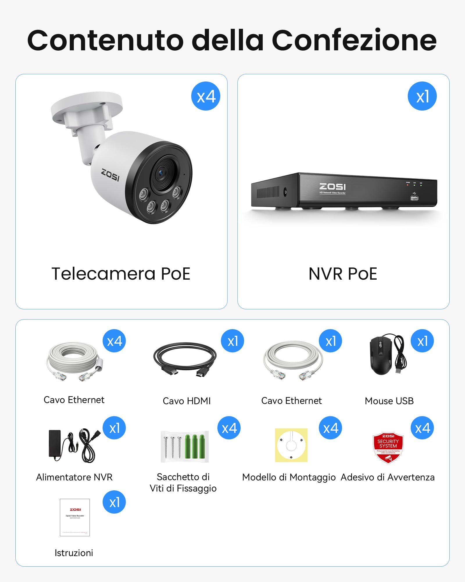 ZOSI 4K 8CH - Kit di videosorveglianza PoE per esterni, telecamera IP PoE 8MP con 8 CH 8 MP NVR, rilevamento di persona, allarme istantaneo, accesso remoto, visione notturna e registrazione 24/7