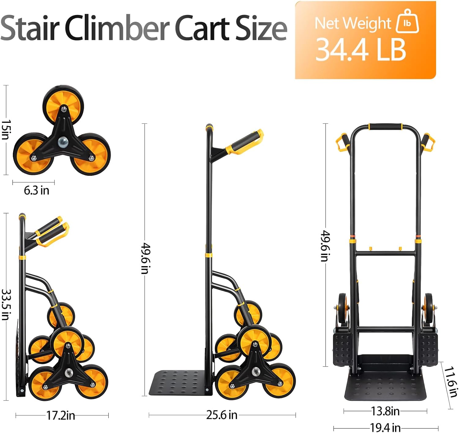 Stair Climbing Dolly, Upgraded Heavy-Duty Stair Climber Hand Truck 770 Lbs Capacity, Foldable Cart for Stairs with 13.8" x 11.6" Nose Plate, 6 Wheels and 2 Ropes for Home,Office or Shopping