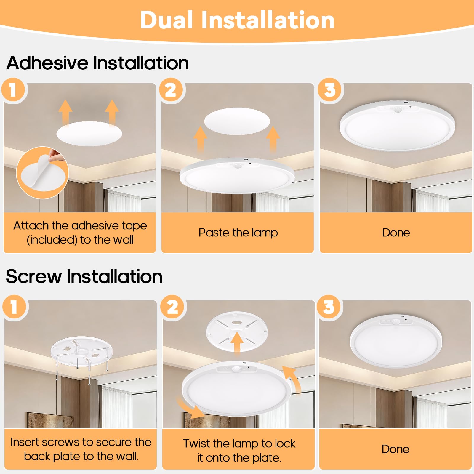 Lampe à batterie avec détecteur de mouvement 10 000 mAh, double source de lumière, 12 RVB arrière et 3 CCT Plafonnier super lumineux avec télécommande de 30 cm, minuteur, plafonnier rechargeable pour