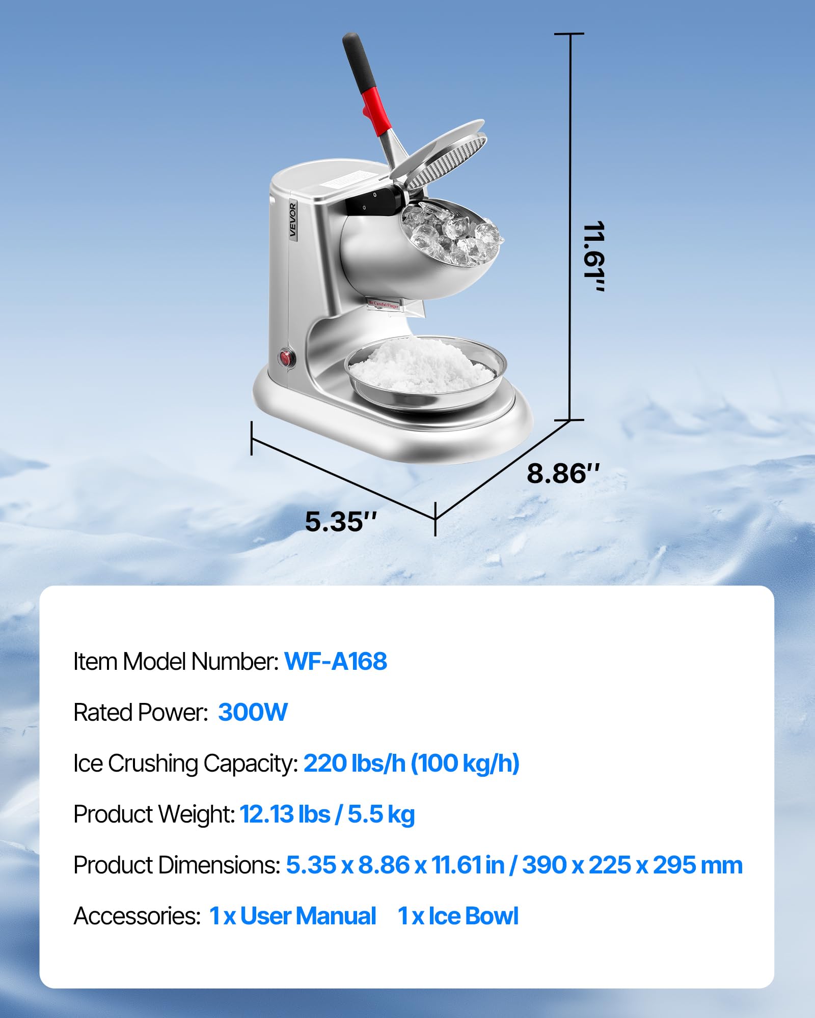 VEVOR Trituradora de Hielo Eléctrica 100 kg/h con 4 Cuchillas, para Granizados, de Acero Inoxidable, con Recipiente y Tapa, 2000 RPM, para Uso Doméstico y Comercial, Plata, 390 x 225 x 295 mm