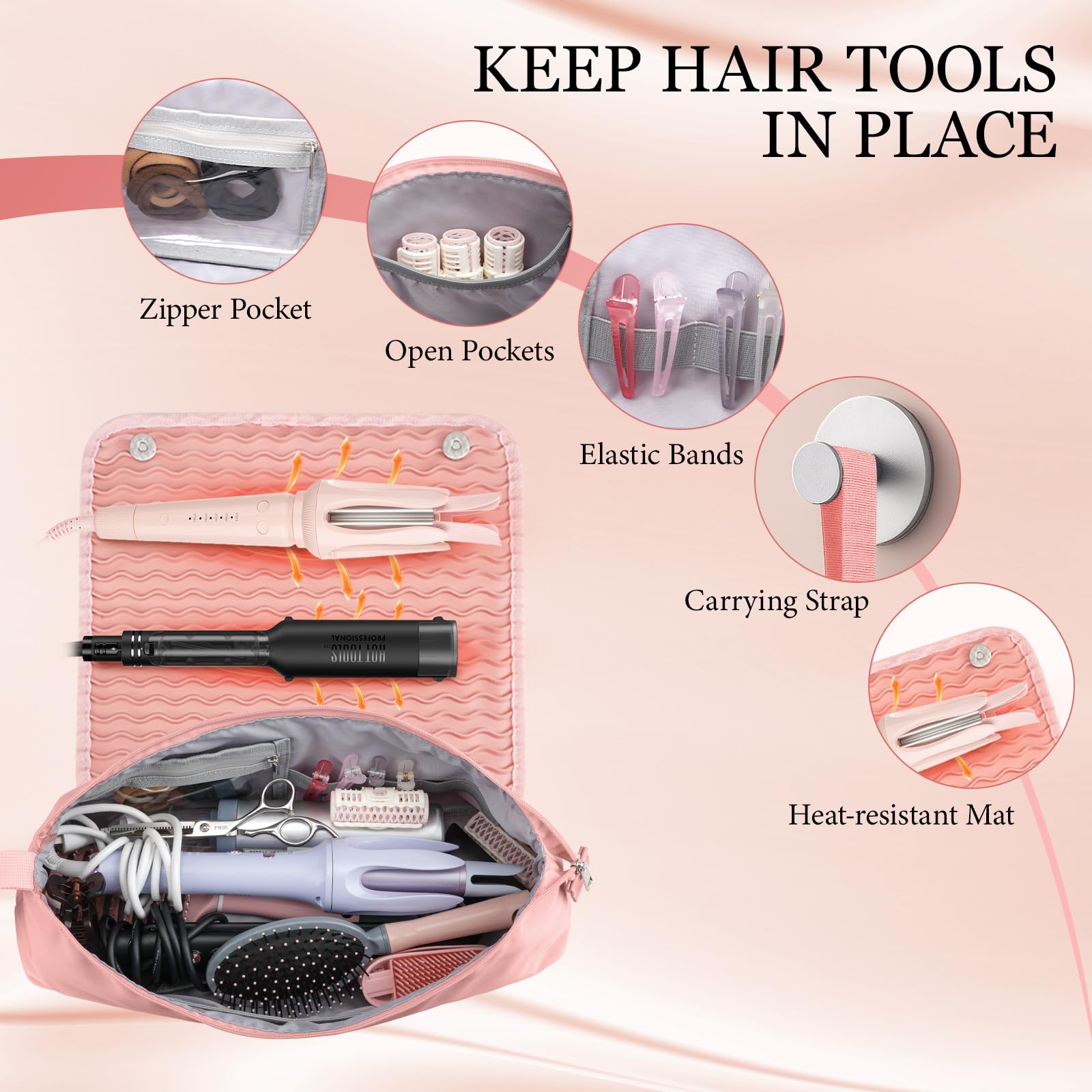 Dadanism Kit per Parrucchieri, Borsa da Viaggio per Strumenti per Capelli con Tappetino Termoresistente Rimovibile, Organizzatore 2 in 1 per Arricciacapelli, Piastra e Accessori da Donna, Rosa
