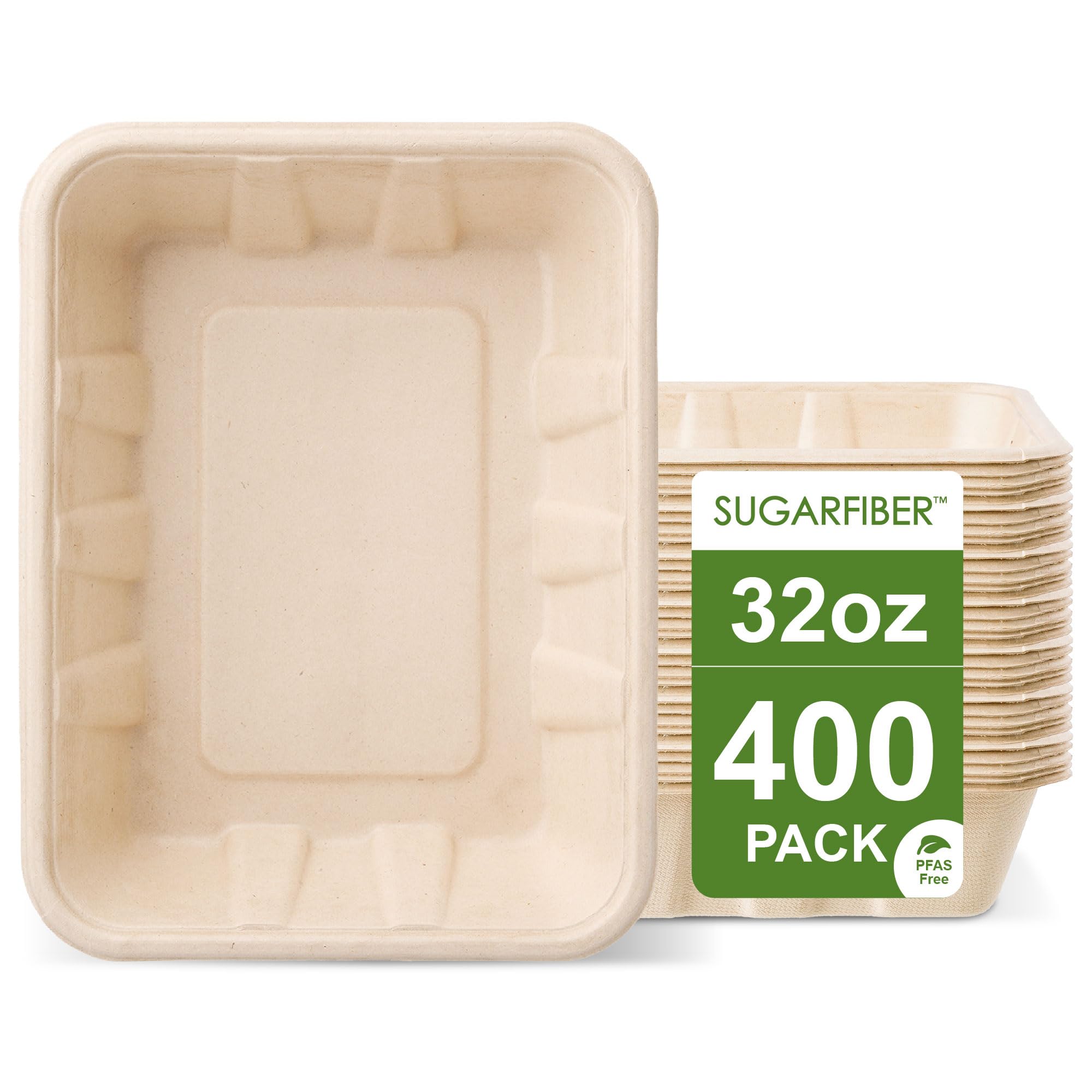 [400 COUNT]Harvest Pack 32 oz PFAS FREE Disposable Food Trays, 8.49" x 6.45" x 1.86"Compostable Food Container Bagasse Serving Trays, from Sugarcane