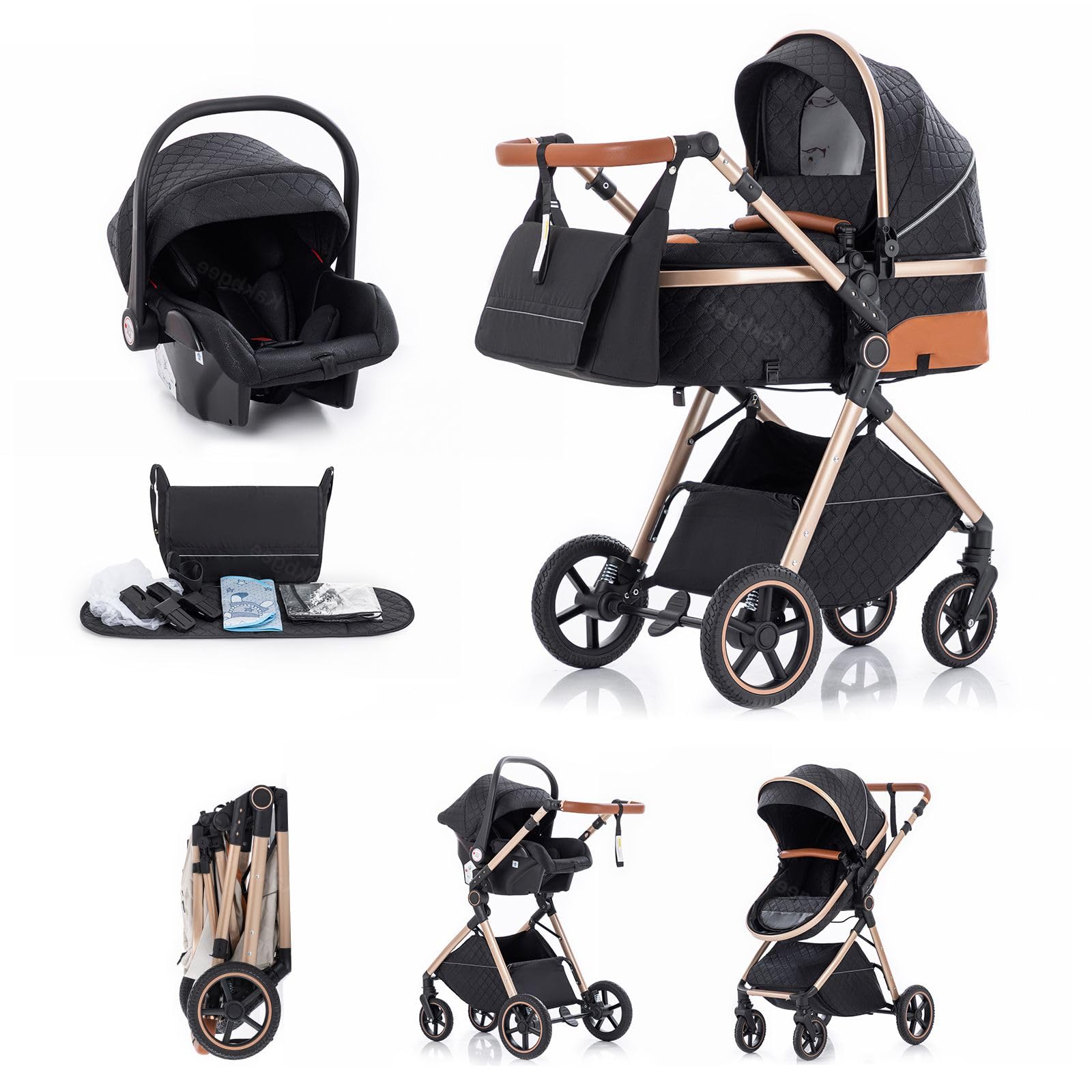 Cochecito 3 en 1 con Silla de Coche, Carrito bebé Plegable, Manillar 7 Alturas, Suspensión 4 Ruedas, Funda de Lluvia y Mosquitera, Sistema de Viaje para Recién Nacidos 0-3 Años (15kg), Negro
