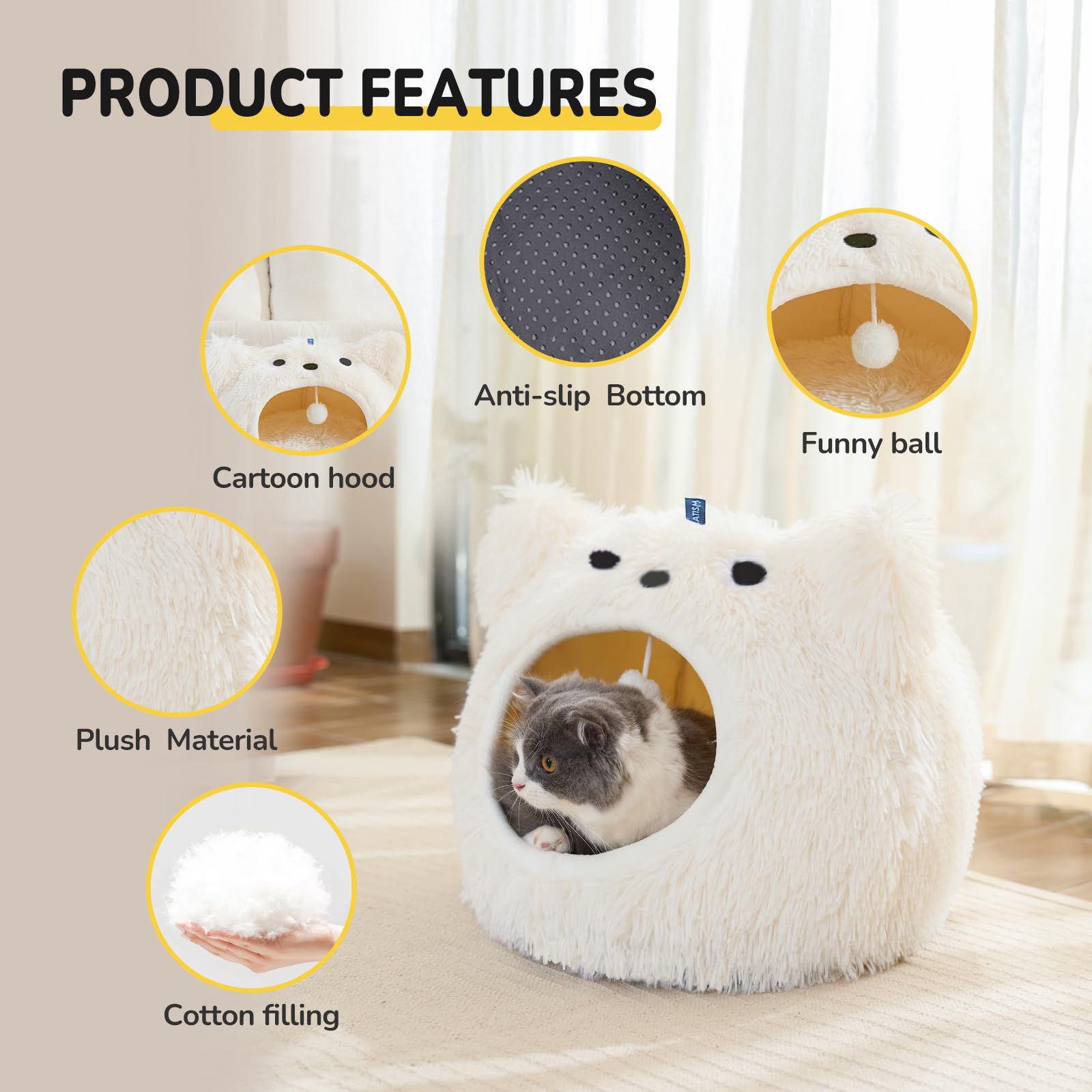 CATISM Cat Cave Bed - Washable Sleeping Place for Cats Plush Pet Cat Pillow House Cushion Fluffy Kitten Puppy Cuddly Bed Pet Bed - Image 2