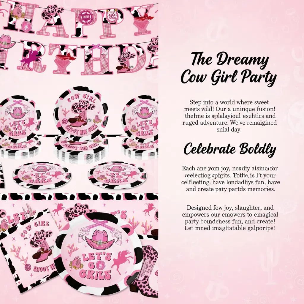 192Pcs Pink Cowgirl Birthday Party Decorations Supplies,Serves 25 Guests,Girl birthday decorations Party Pack Disposable Tableware (Plates, Cups, Forks, Napkins, Straws, Banner, Tablecloth) - Image 3