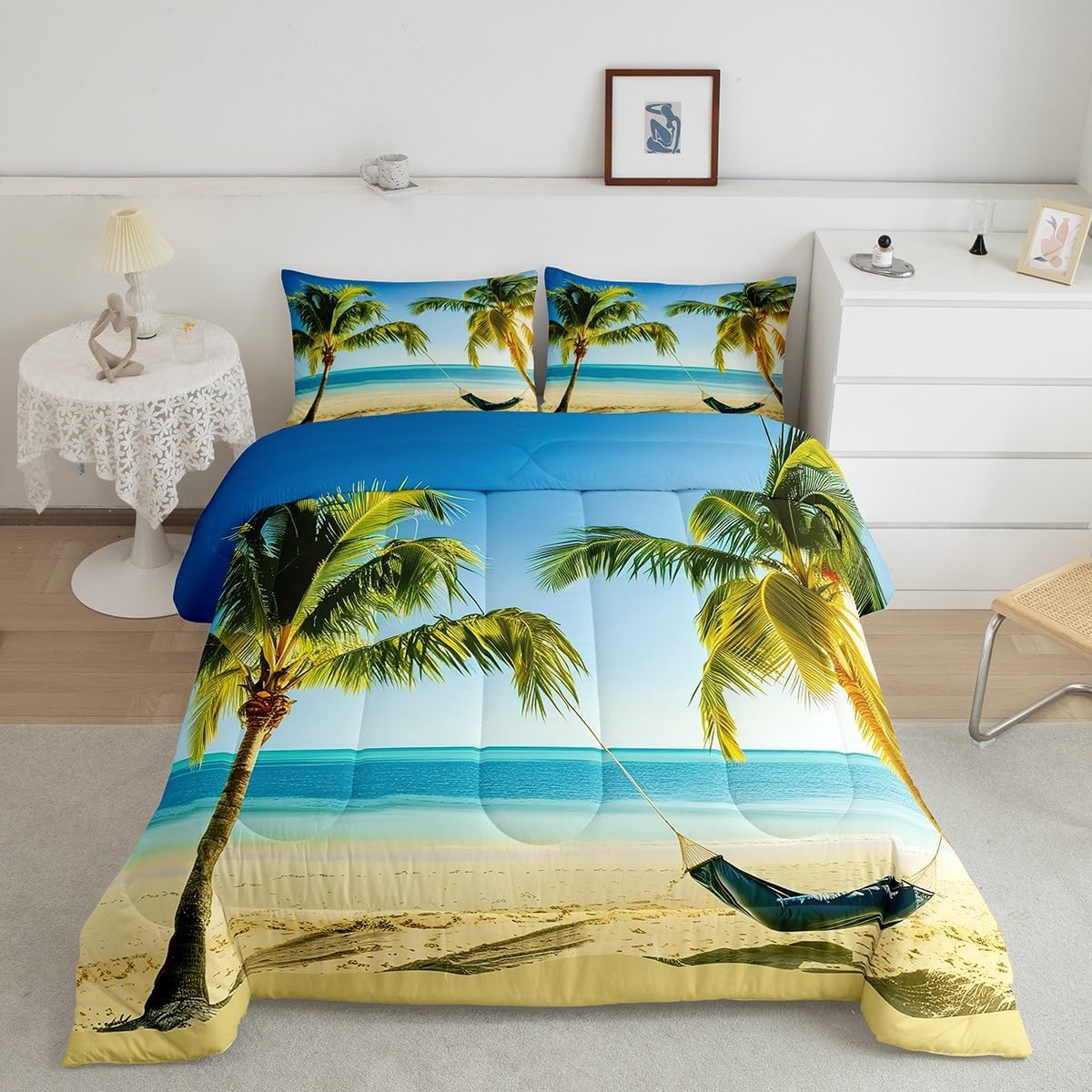 Coastal Palm Tree Comforter Set King Size, Summer Hawaiin Style Bedding Set, Ocean Beach Bedding Comforter Set Tropical Style, Hammock Vacation Theme Down Comforter Soft Microfiber Room Decor