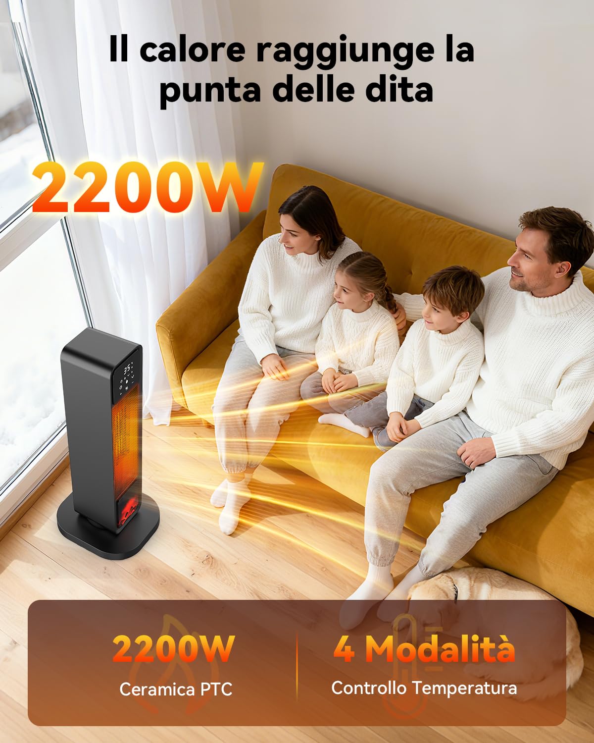 Stufa Elettrica Basso Consumo 2200W, Termoventilatore PTC con 3 Modalità (ECO/Fiamma), Termostato 20-45℃, Timer 12H, Oscillante 70°, Sicurezza Surriscaldamento/Ribaltamento, Telecomando per Casa,Bagno