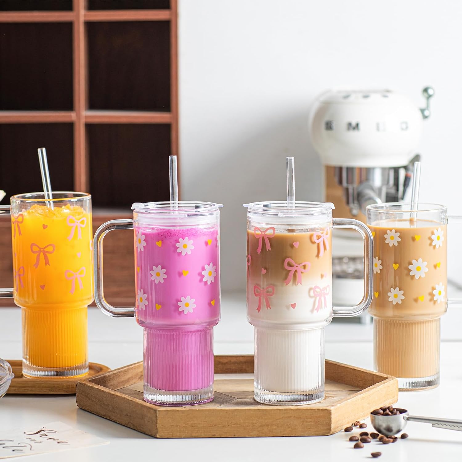 INSETLAN 26oz Cute Pink Bow Glass Cup with Lid and Straw, Girly Preppy Aesthetic Glass Tumbler with Handle, Birthday, Valentine’s & Christmas Gift for Women, Teens & Friends - Image 6