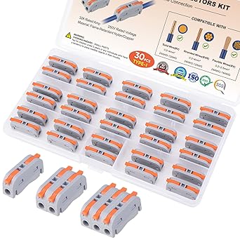 30 Pcs Lever Wire Connectors Kit for 28-12 AWG for Solid and Stranded Wires, Compact Fire Retardant Quick Disconnect Wire Connectors (Type I, 30 Pcs