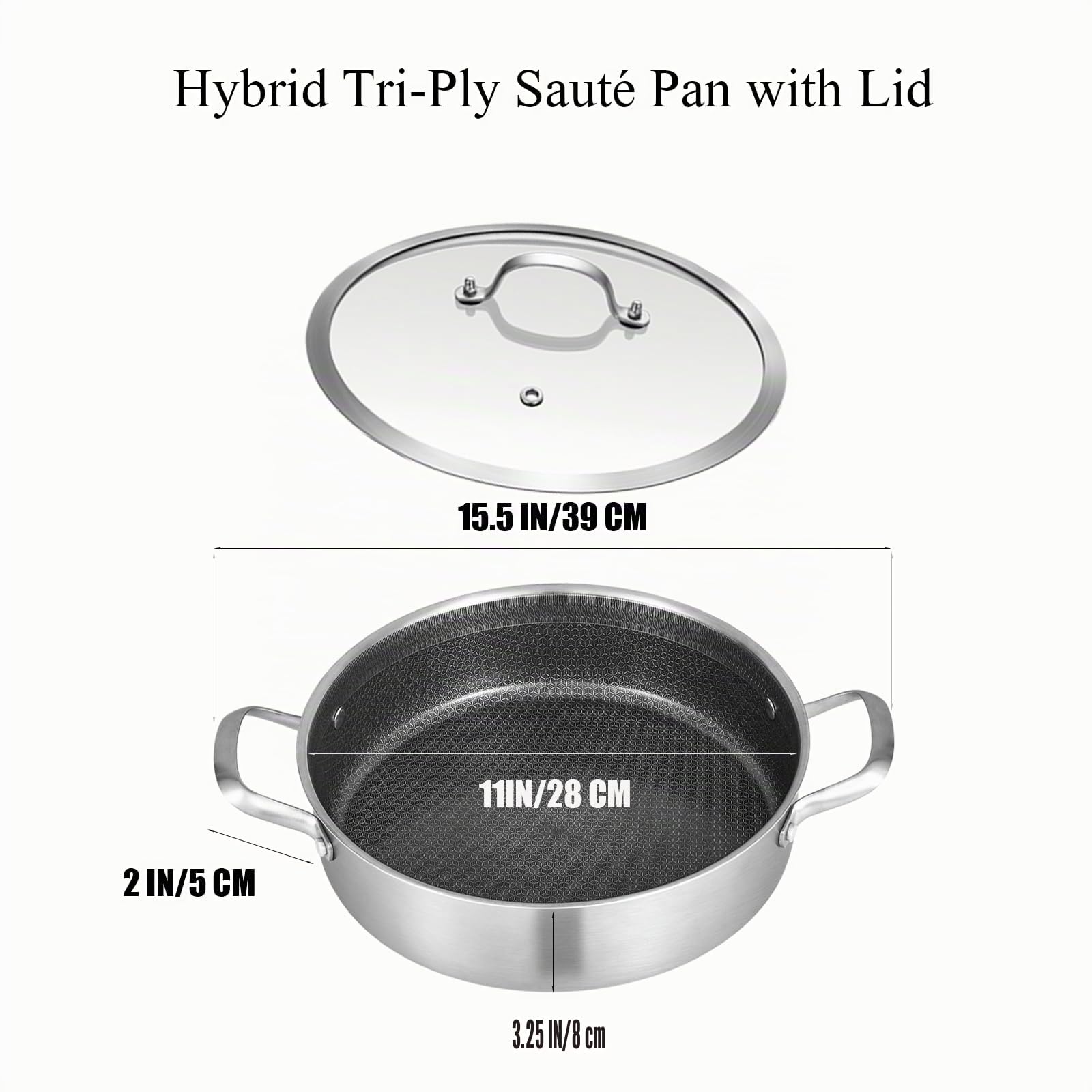Inqibee Sauteuse 28cm Inox hybride 5L, triple épaisseur, Induction | Sauteuse acier inoxydable, sans revêtement antiadhésif, compatible induction et tous feux, passe au four et lave-vaisselle