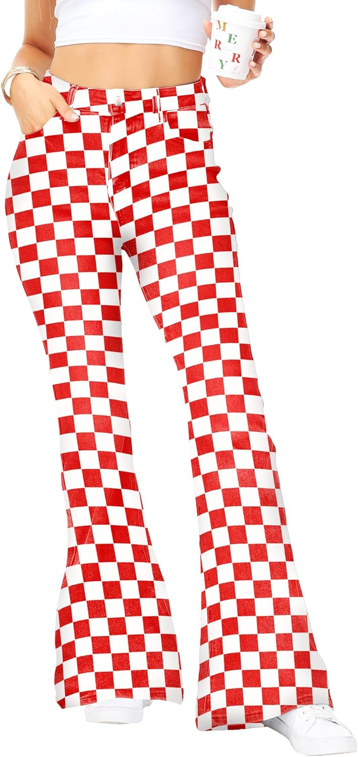Womens High Waisted Plaid Bell Bottom Jeans Stretch Checkered Flare Denim Pant