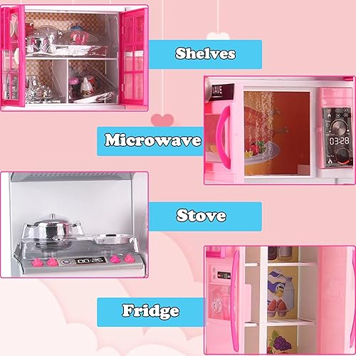 Vista 3 de My Modern Mini Kitchen House - Juego de accesorios de juguete con luces y sonidos realistas para niños pequeños, niñas (4 en 1 con muñeca)