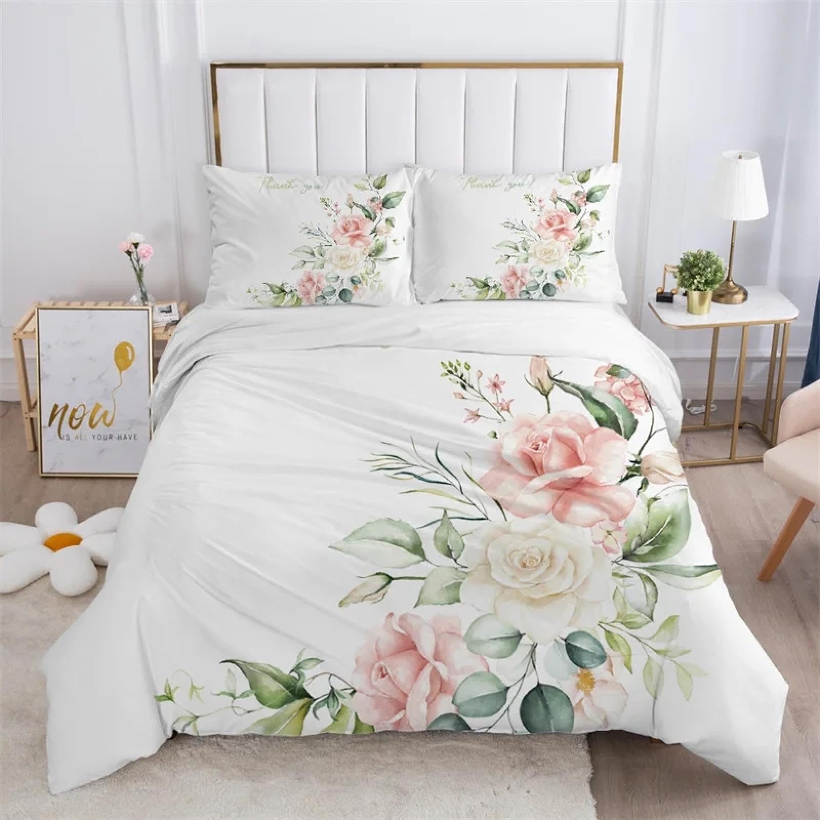 Housse de couette florale 200x200 blanche en microfibre avec 2 taies d'oreiller