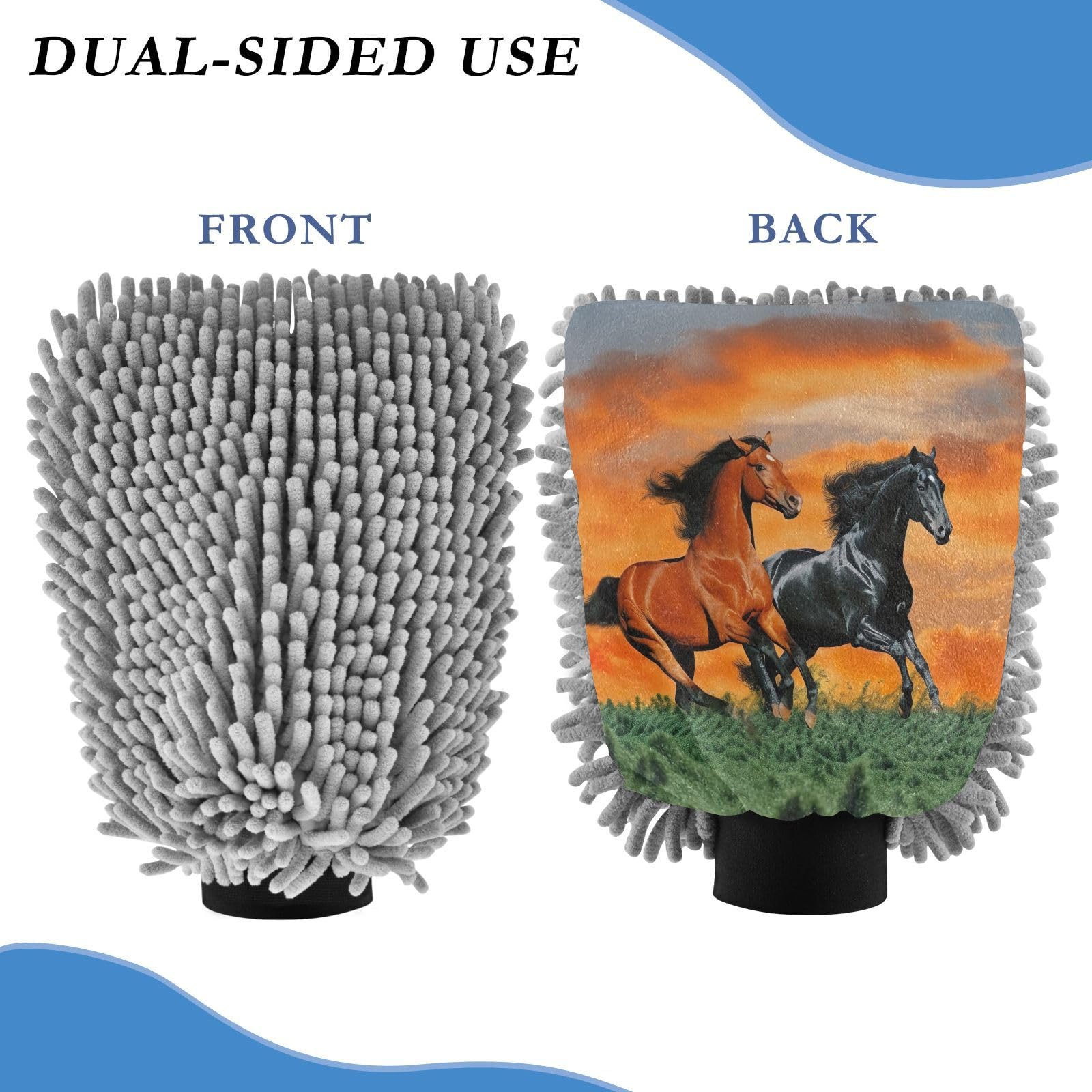 Flradish 2 Pack Running Herds of Horses Car Wash Mitt Chenille Microfiber Lint-Free Scratch Free Ultra-Soft Absorbent Car Wash Mitt 10.2x7.09 Inch