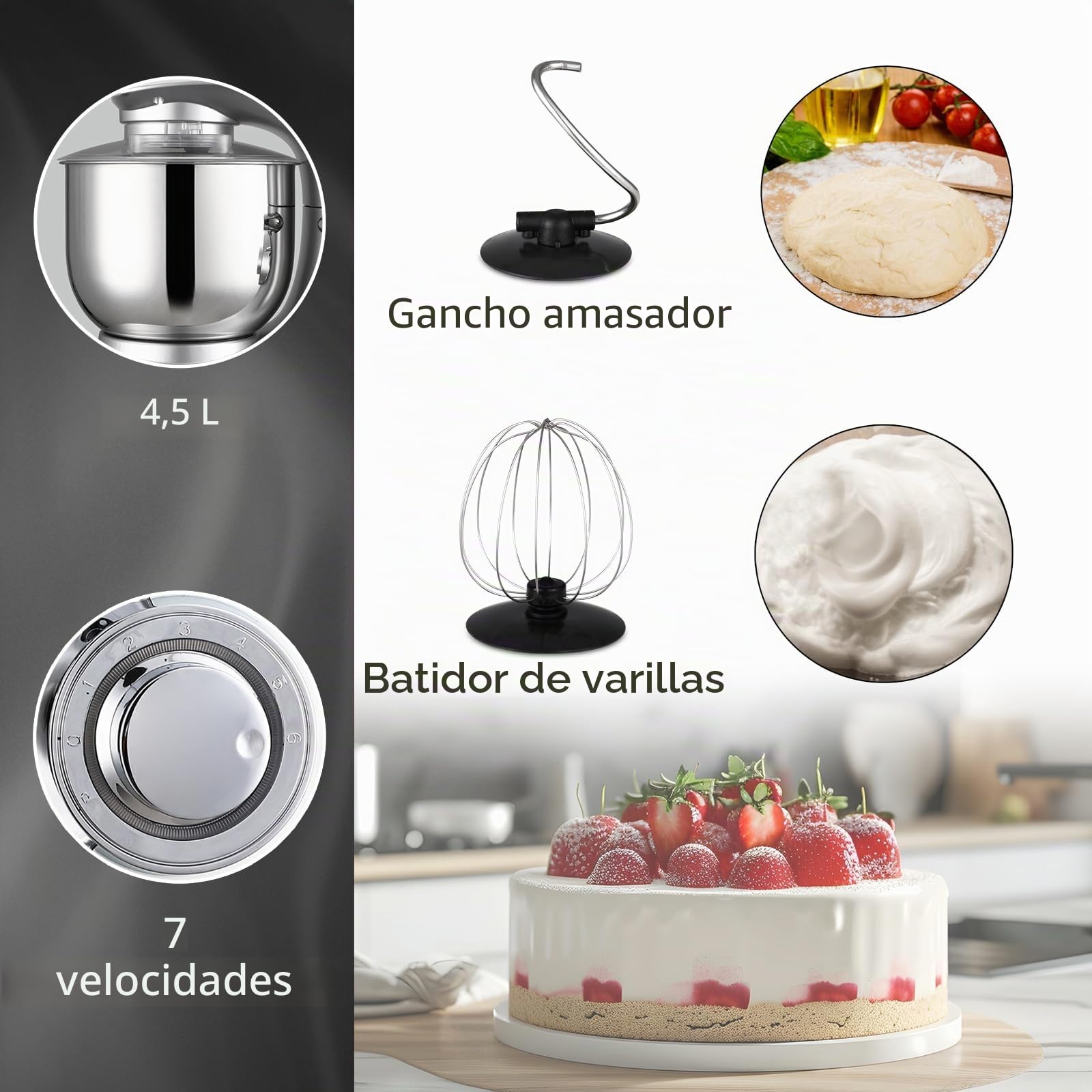 MONZANA® Batidora Amasadora 4,5L Accesorios Robot de Cocina Completo 7 Velocidades Acero Inoxidable Repostería Diseño Retro Postres Tartas 1000W
