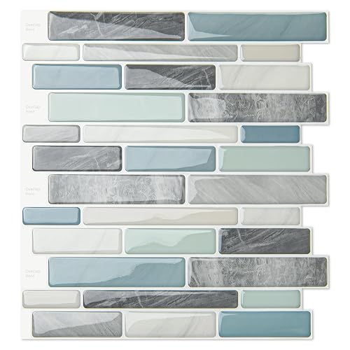 WOWSTAR 10-Sheet Peel-and-Stick Backsplash Tile, Grey and Blue