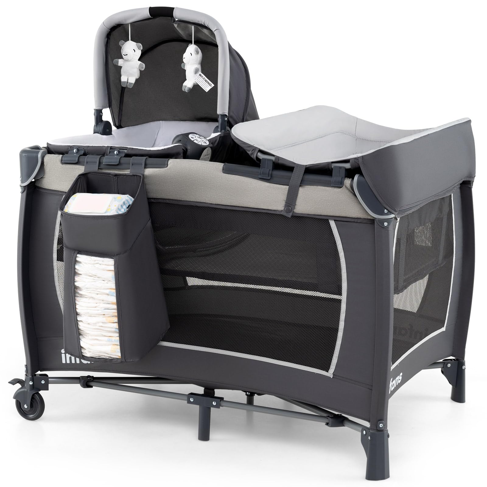 GOPLUS Lit Parapluie 4 en 1, Lit Bebe Pliable à 2 Niveaux avec 2 Roues avec Frein, Matelas, Jouets, Table à Langer, Boîte à Musique et Sac de Transport, pour Bébé 0-3 Ans, Charge 15KG (Gris)