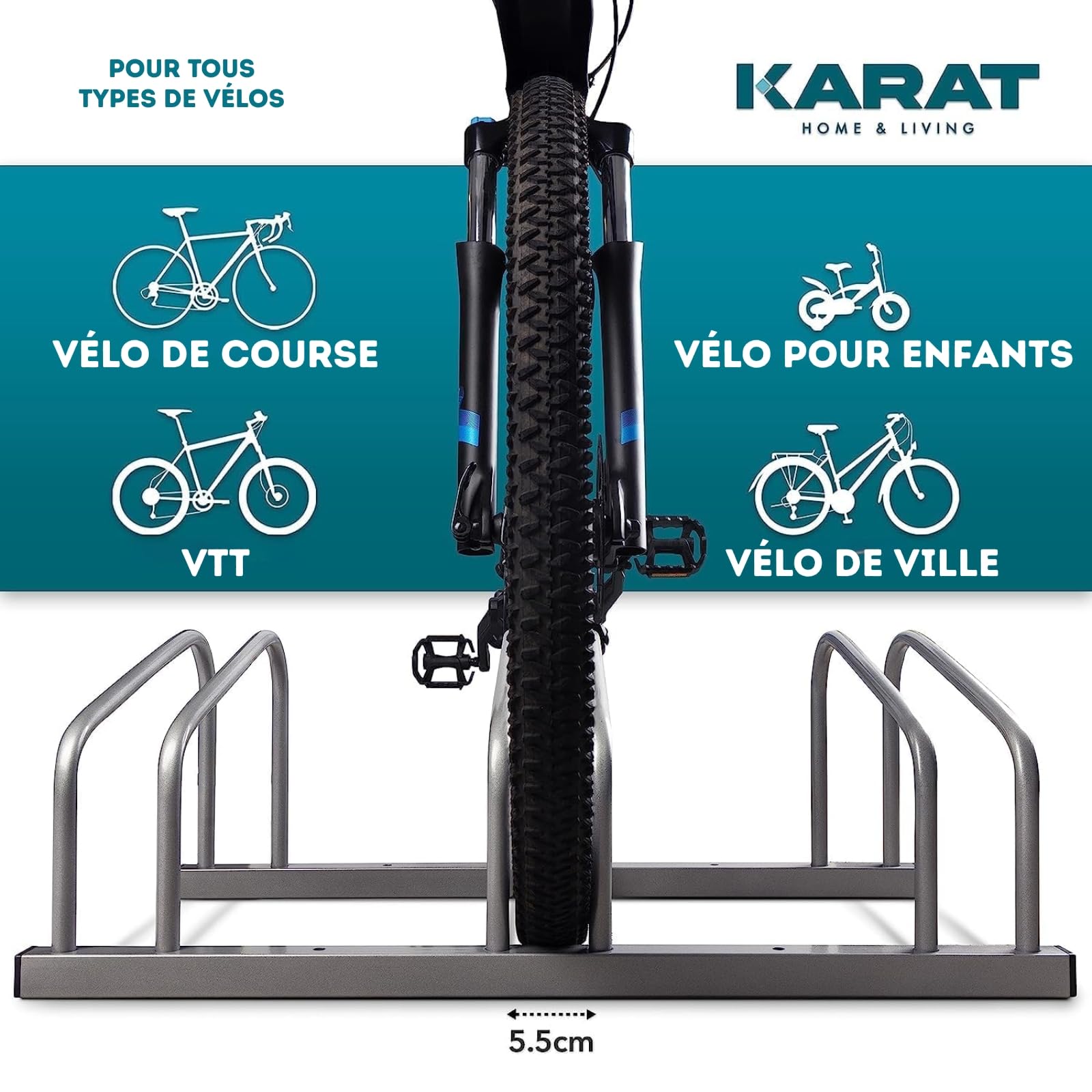 KARAT Rastrelliere per bicicletta in acciaio inox Linus per fino a 6 biciclette con pneumatici fino a 55 mm di larghezza, montaggio a terra o a parete, parcheggio per biciclette per esterni (argento