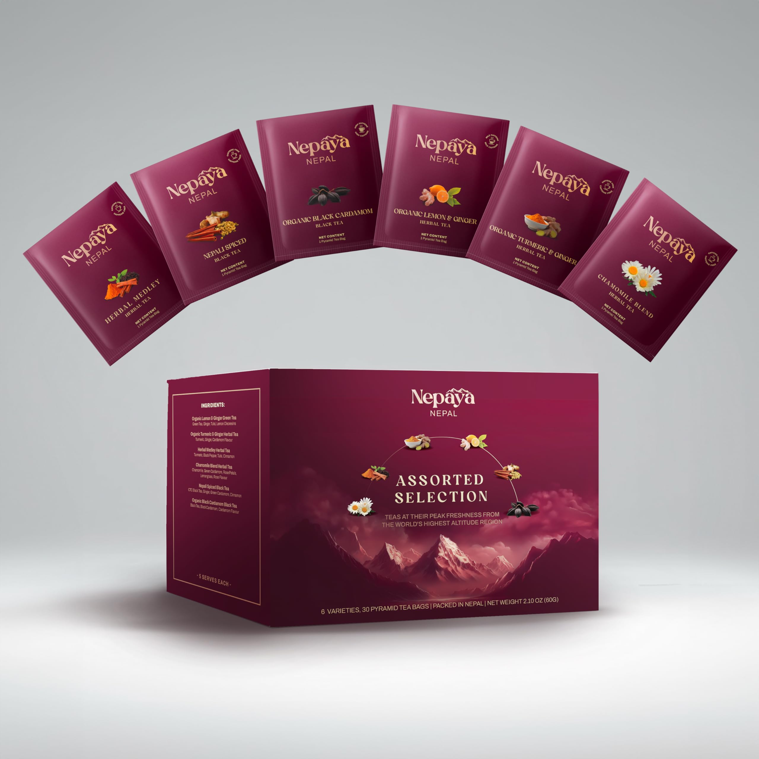 Assorted Tea Sampler Gift Set – 30 Pyramid Tea Bags, 6-Variety Pack (Herbal, Green & Black), Biodegradable, Himalayan Whole-Leaf, Individually Packed