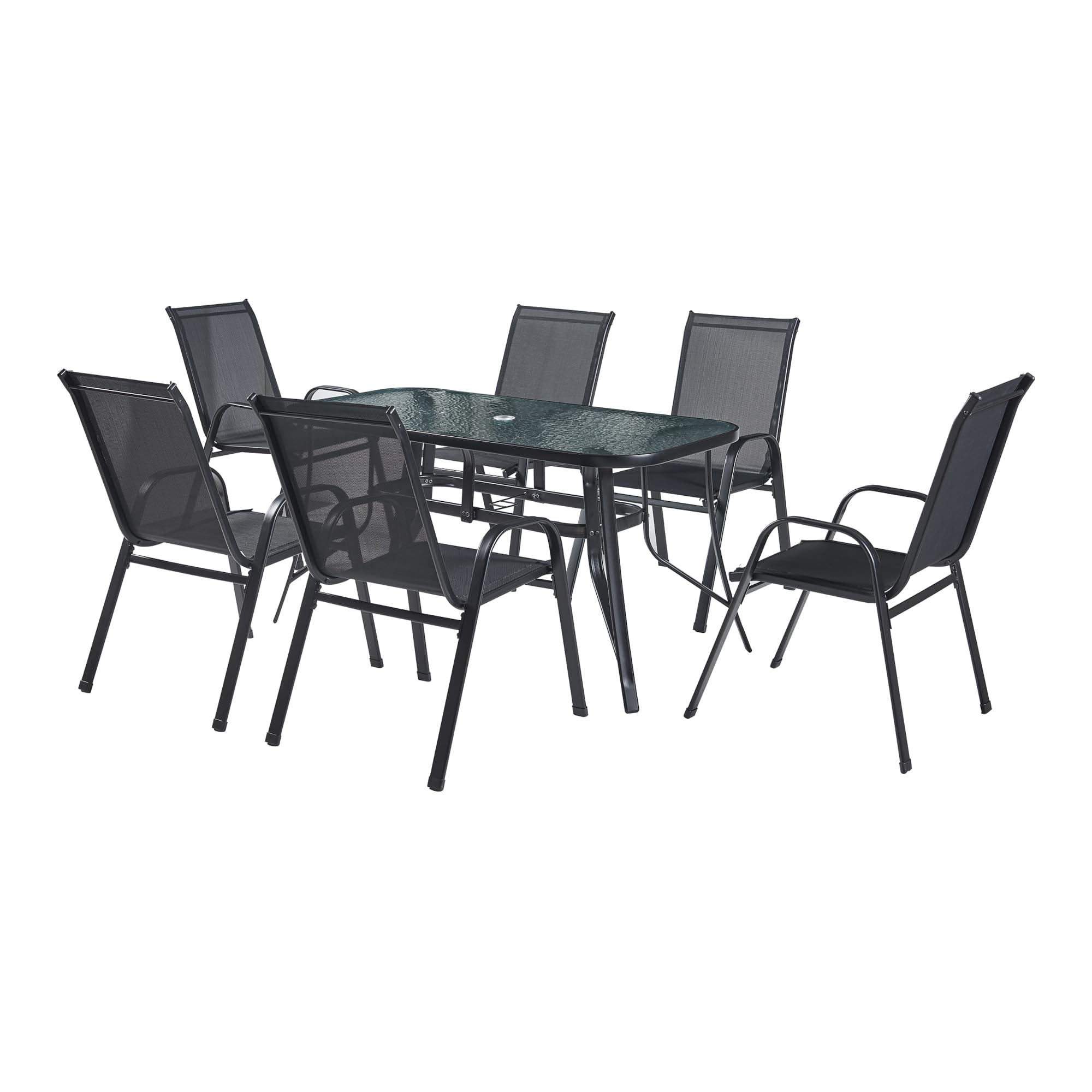casa.pro Conjunto de Muebles de Jardin Exterior 7 Piezas Muebles de Terraza con 1 Mesa de Comedor 6 Sillas con Reposabrazos Acero Cristal Templado Textileno 70 x 140 x 70 cm - Negro