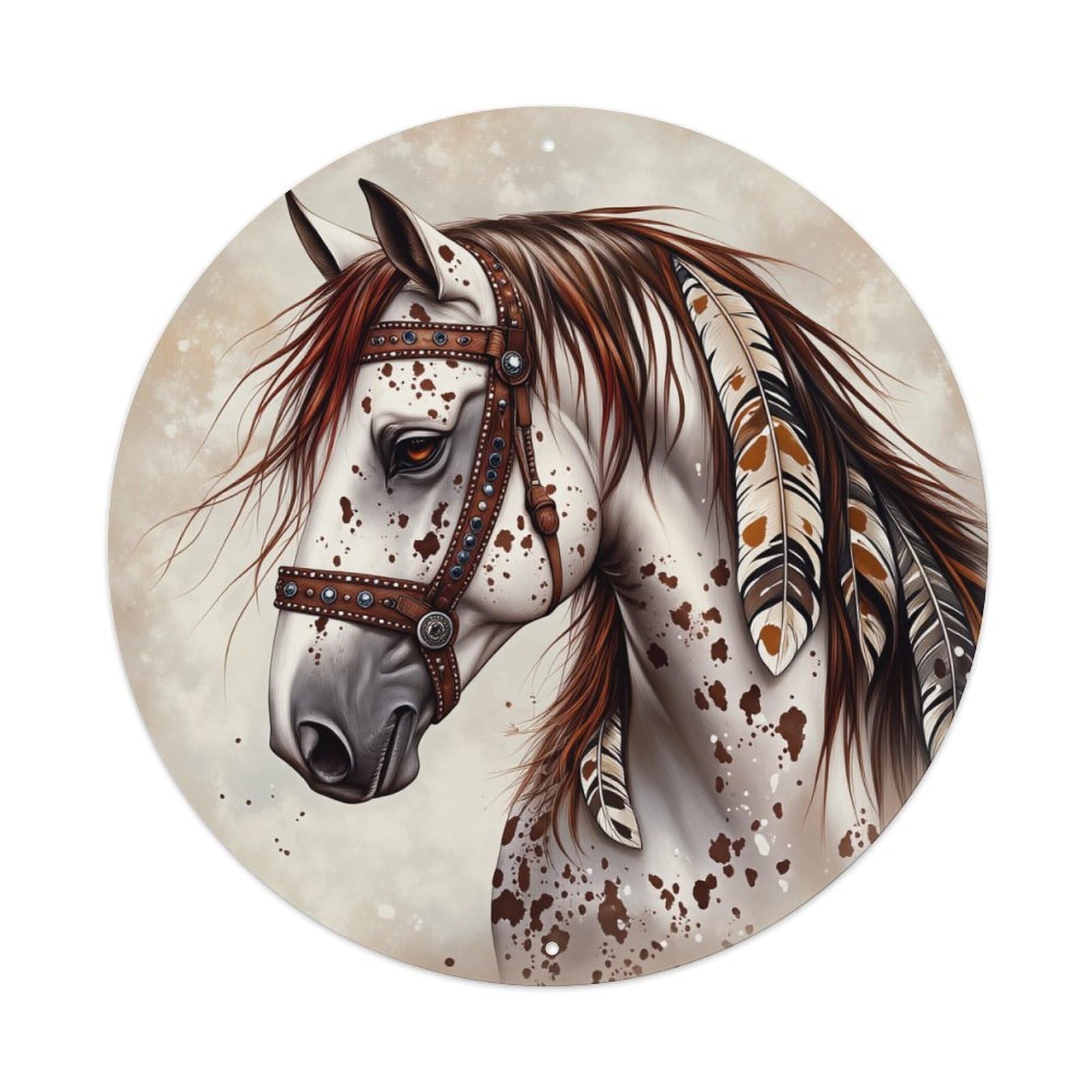Feathered Bridle Horse Portrait Art Round Tin Sign Vintage Metal Poster, Home Bar Garage Man Cave Cafe Indoor & Outdoor Wall Decoration 8x8Inches